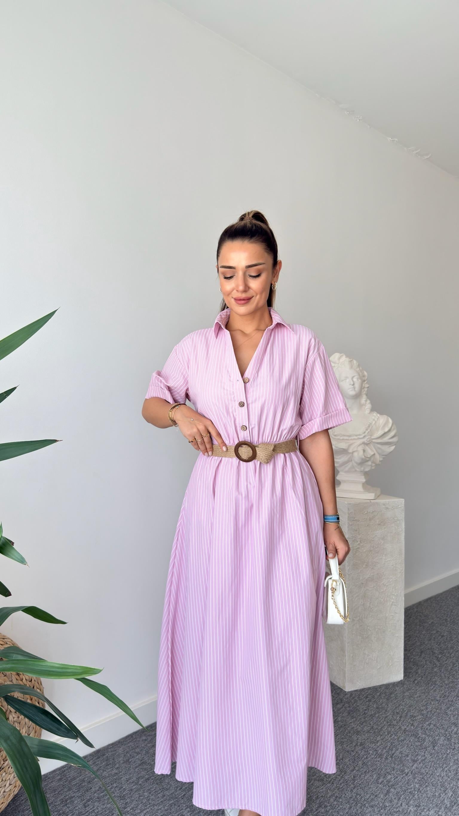 Hasır Kemerli Çizgili Pembe Gömlek Elbise