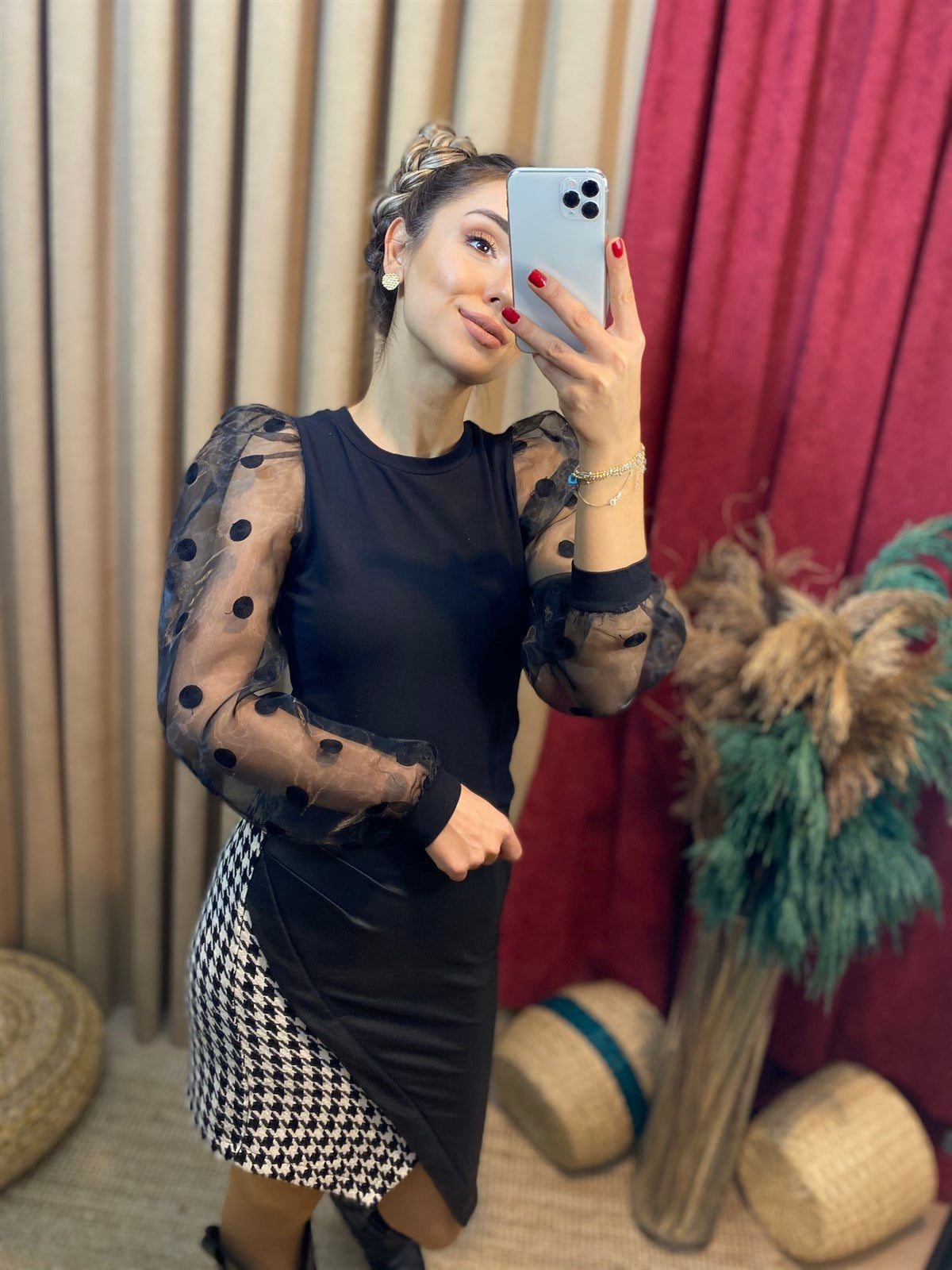 Organze Kol Puantiyeli Bluz