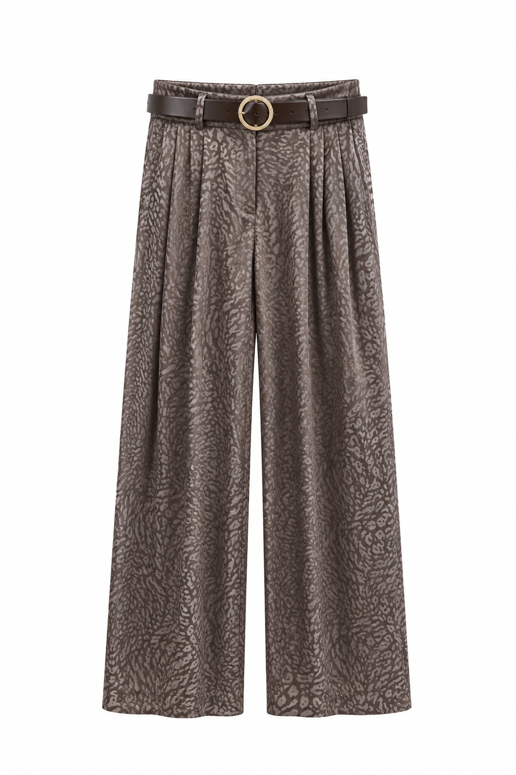 Kahve Tenra Kemerli Saten Leopar Pantolon