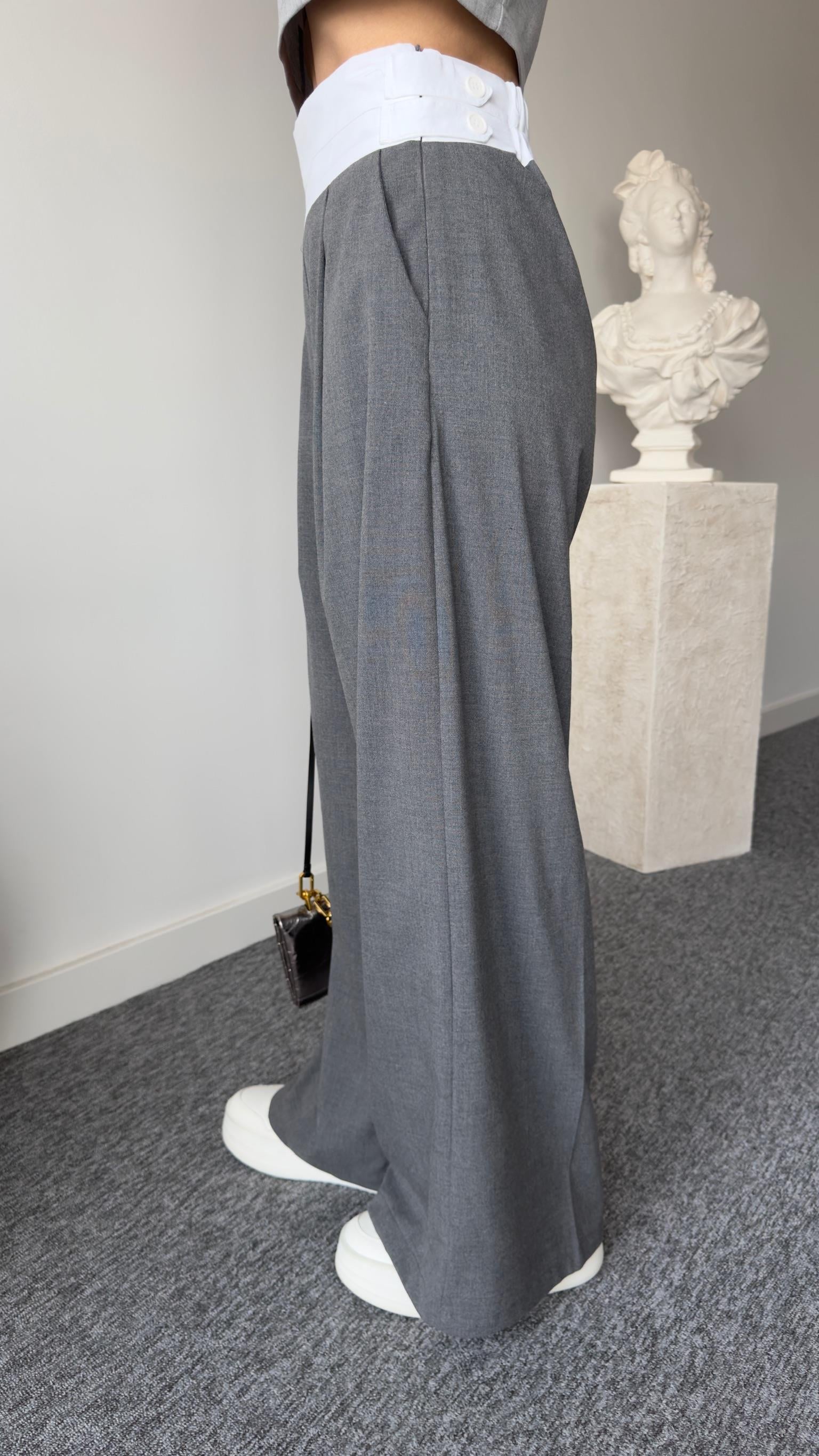 Kalın Kemer Detaylı Arkası Lastikli Gri Palazzo 