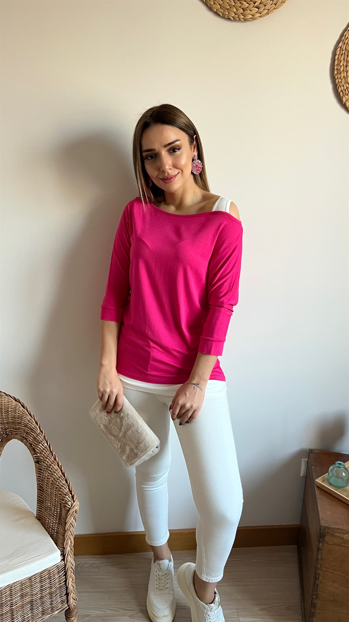 Omuz Detaylı Fuşya Bluz	