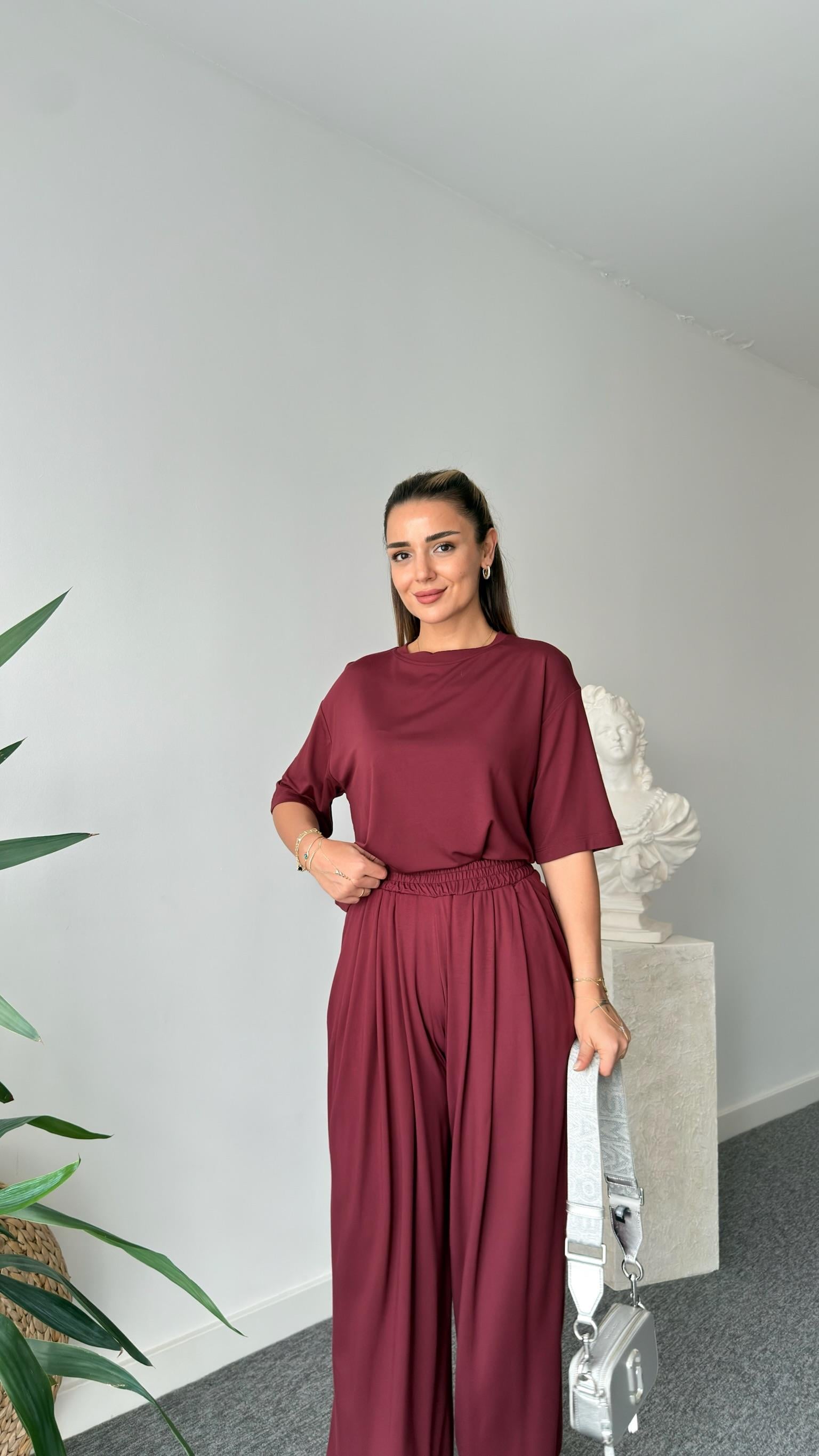 Bordo Gablit Pile Detaylı İkili Takım