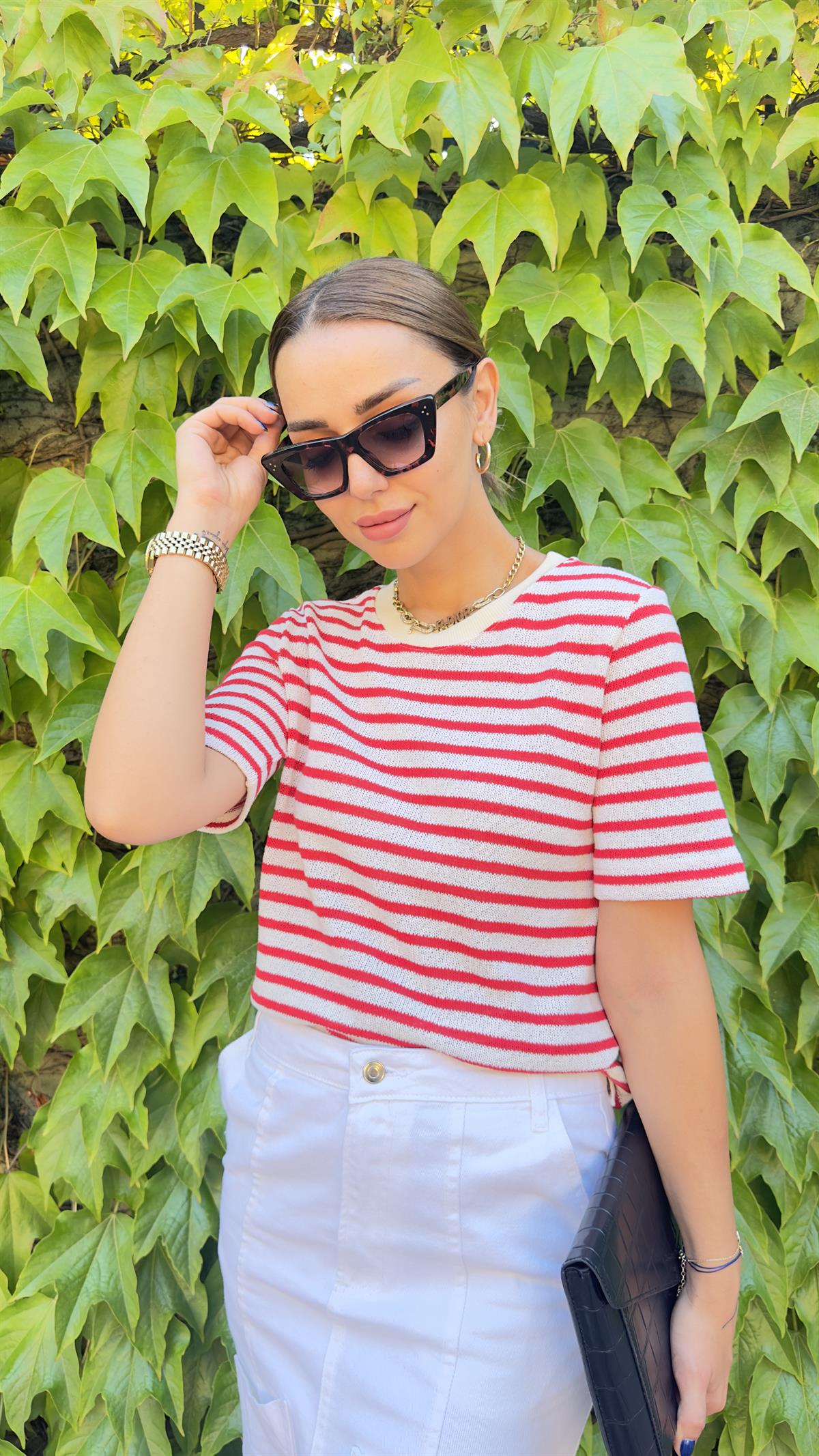 Orj Marka Kırmızı Çizgili Örme Bluz