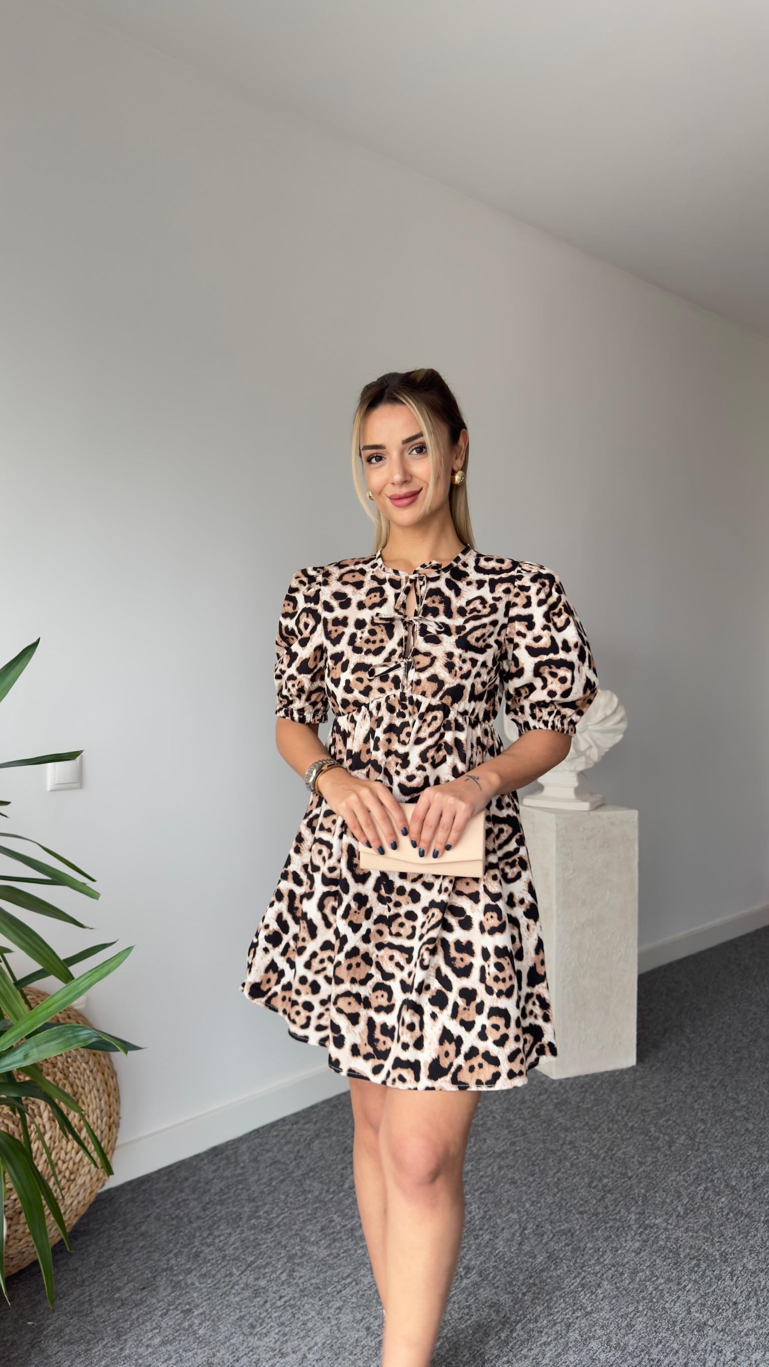 Balon Kol Önü Bağlamalı Leopar Desen Elbise