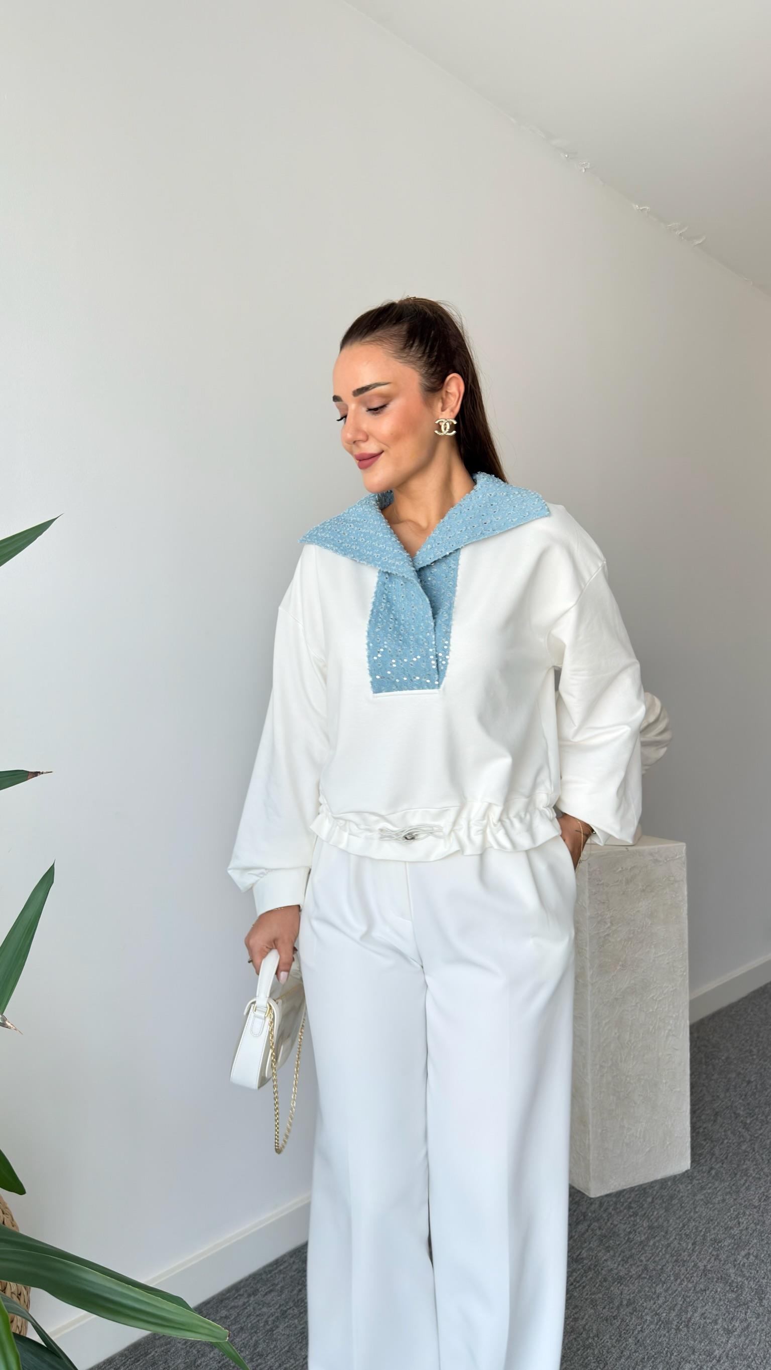 Yakası Kot Garnili Sweatshirt