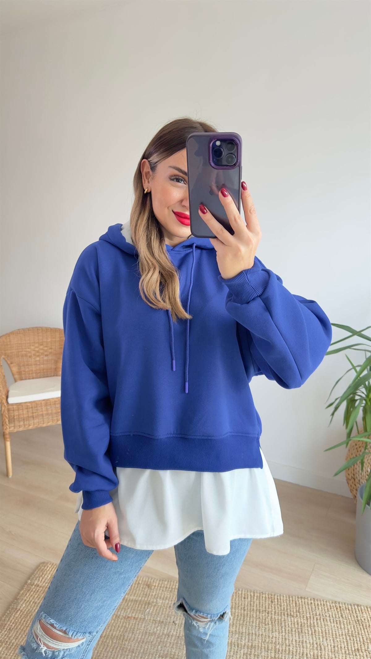 Gömlek Detaylı Mavi Kapüşonlu Sweat