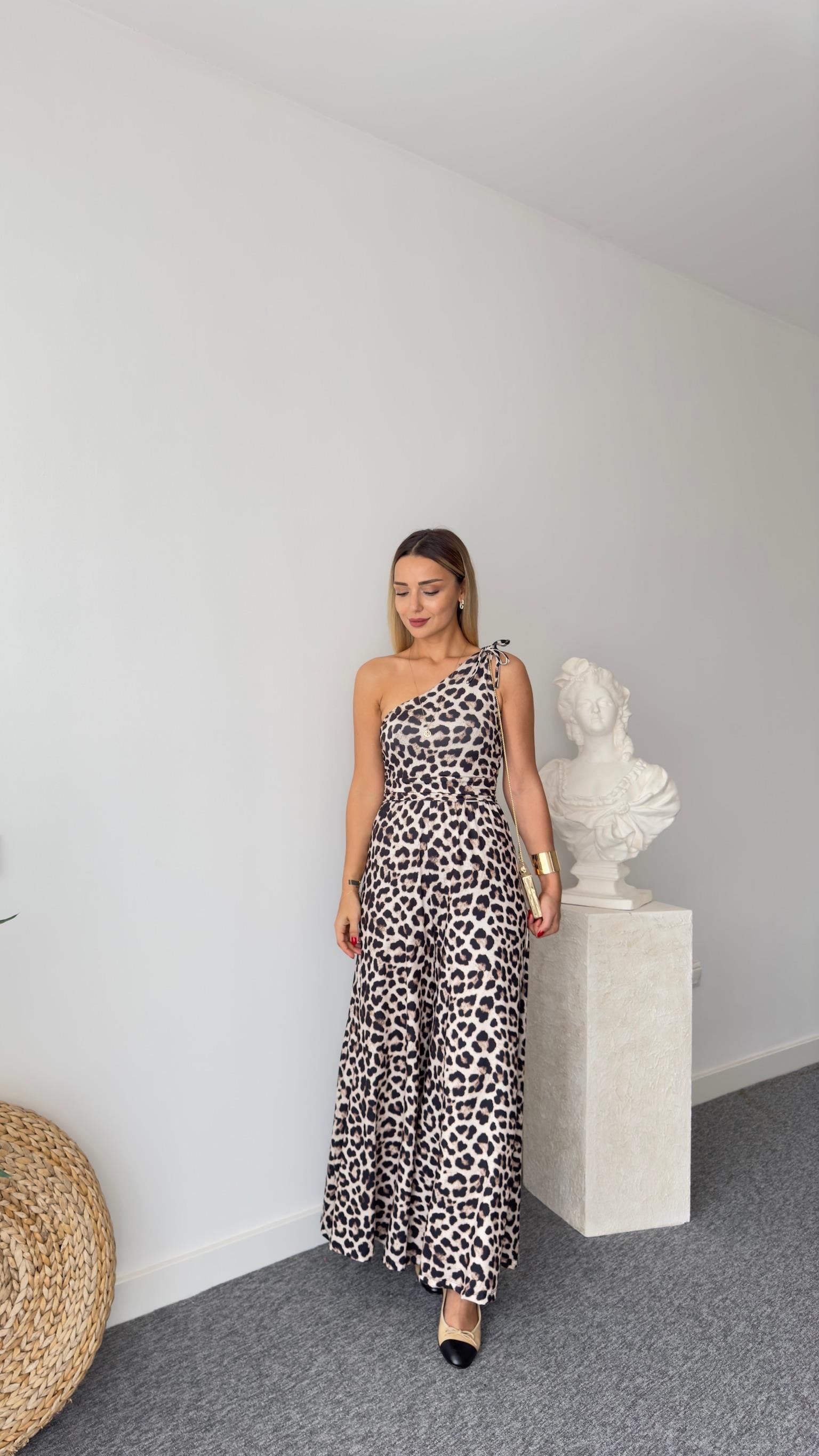 Bol Paça Leopar Desen Tek Omuz Tulum