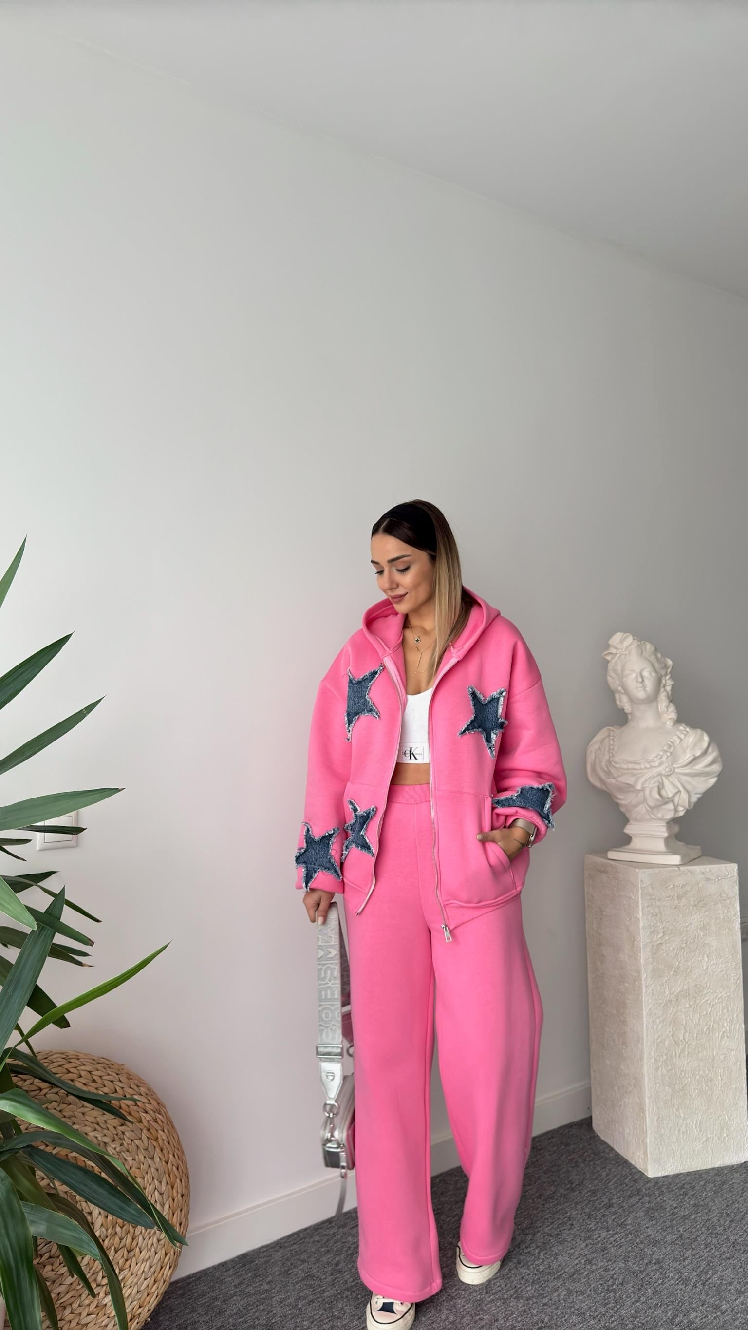 Denim Yıldız Detaylı Pembe Tasarım Takım