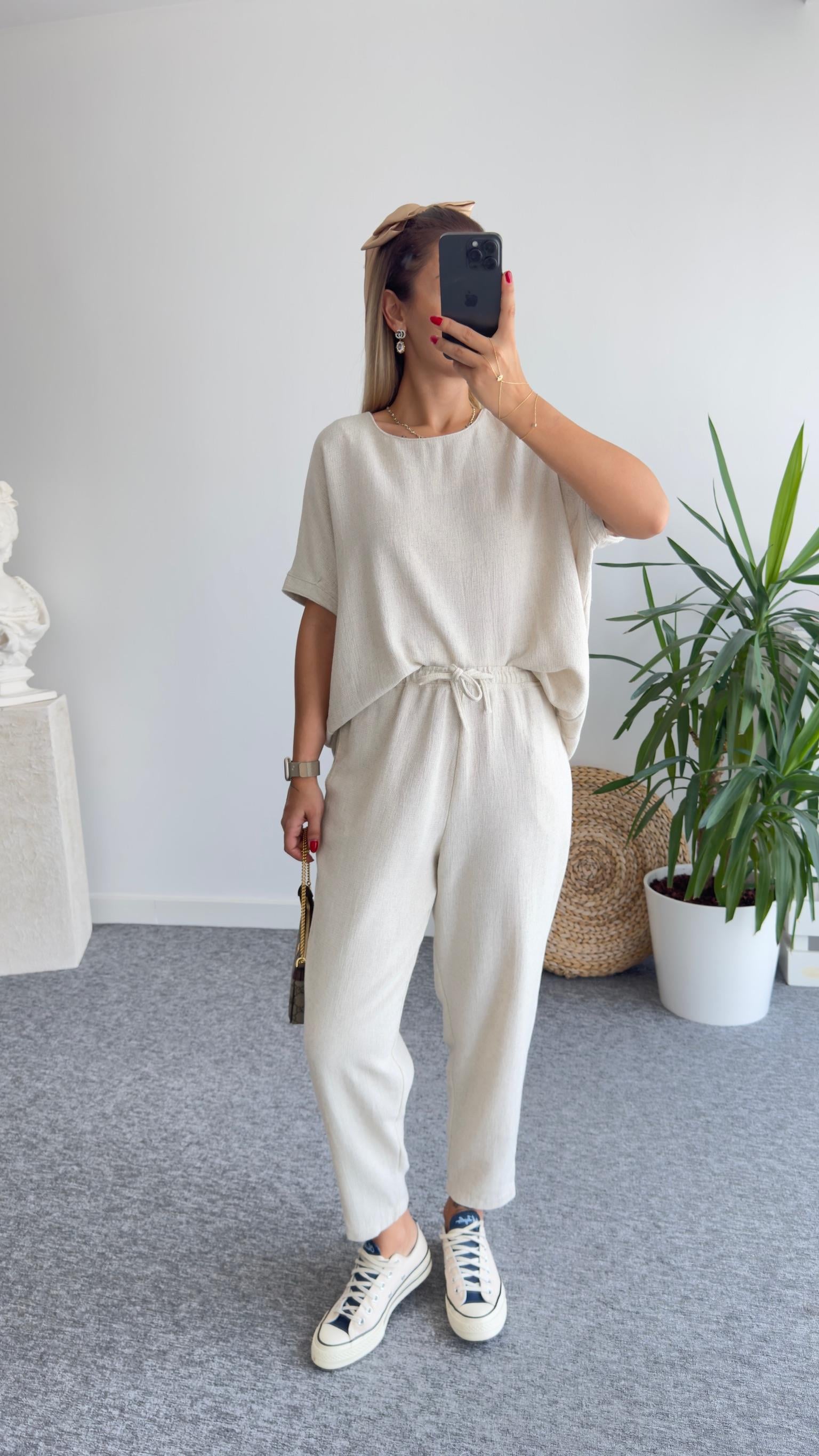 Nujo Kısa Kollu Bej Keten Takım