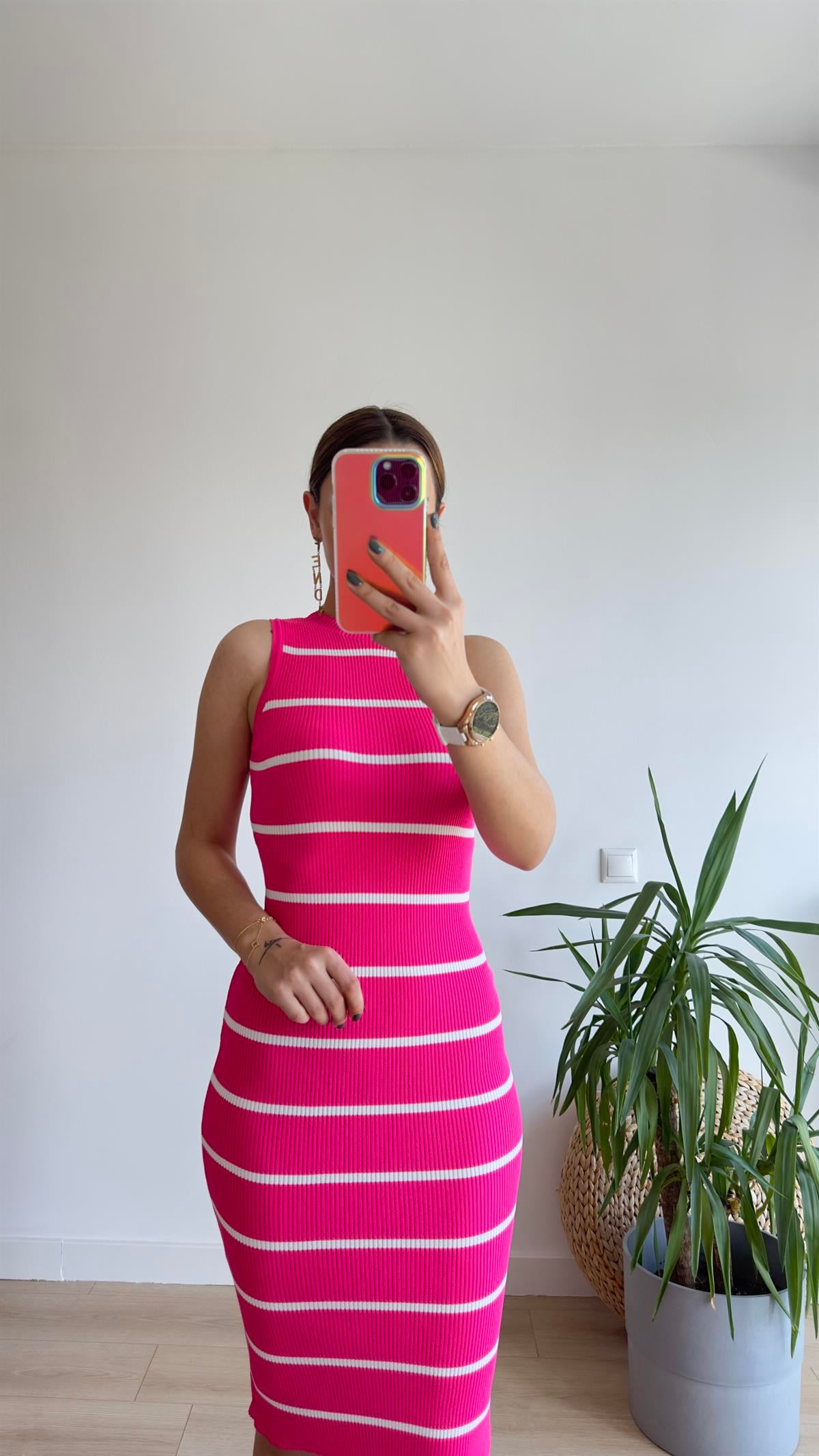 Nisen Kolsuz Çizgili Pembe Triko Elbise 