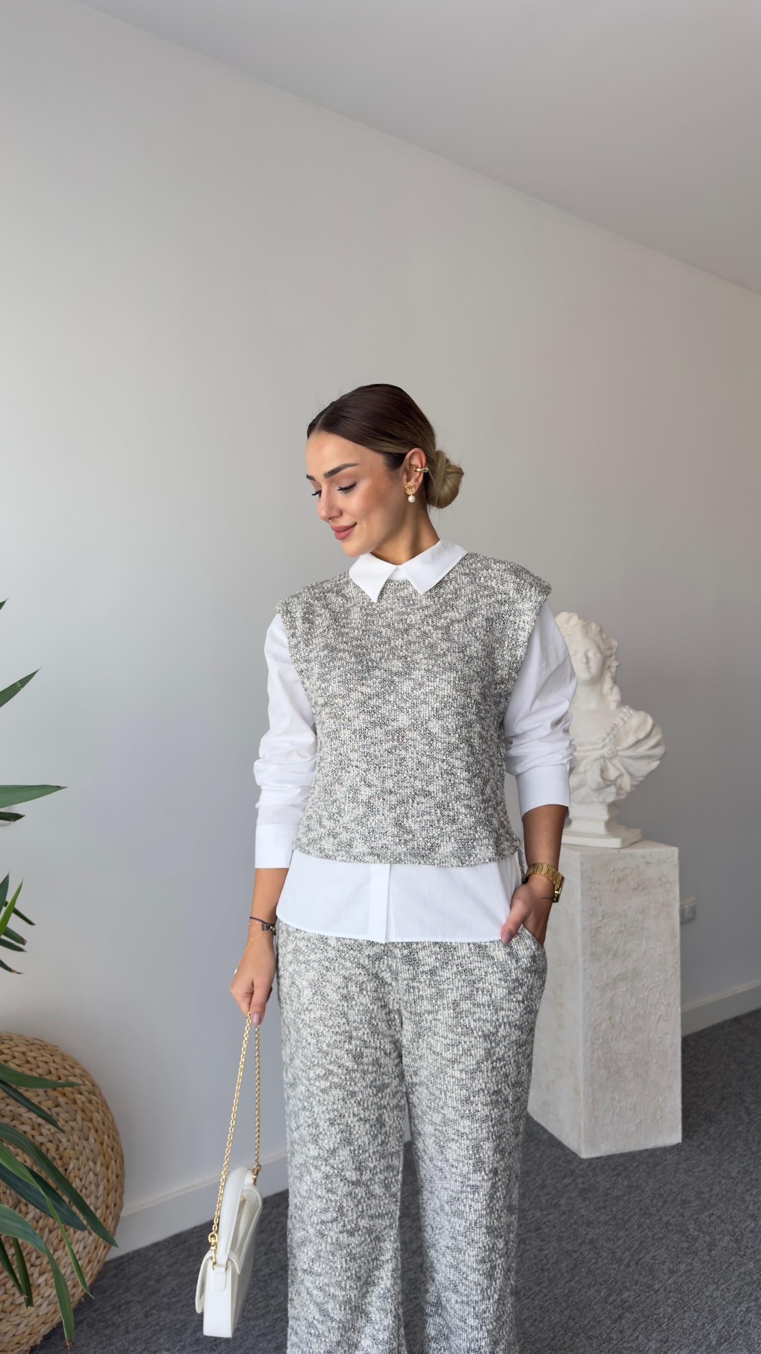 Luka Gömlek Detaylı Gri Triko Takım