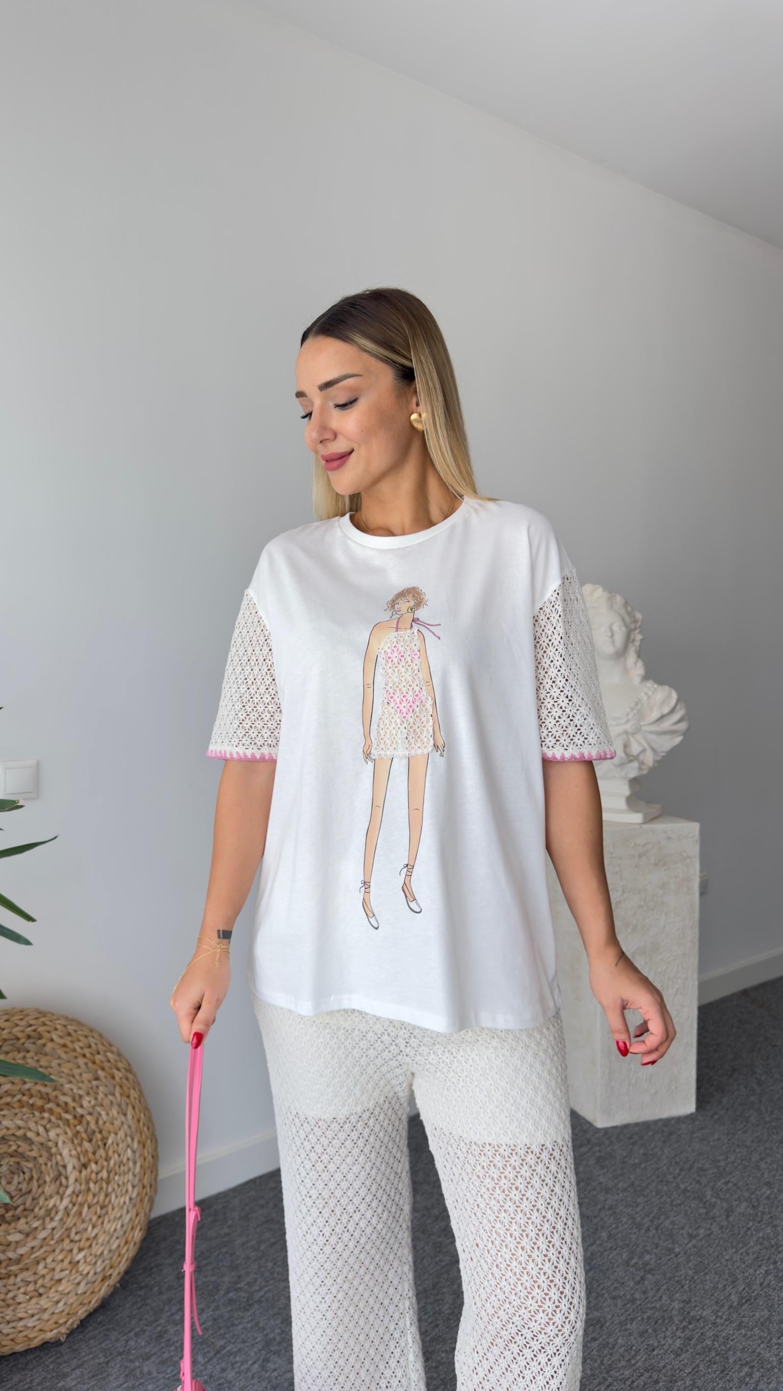 Lija Kız Baskılı Dantel Garnili Tshirt