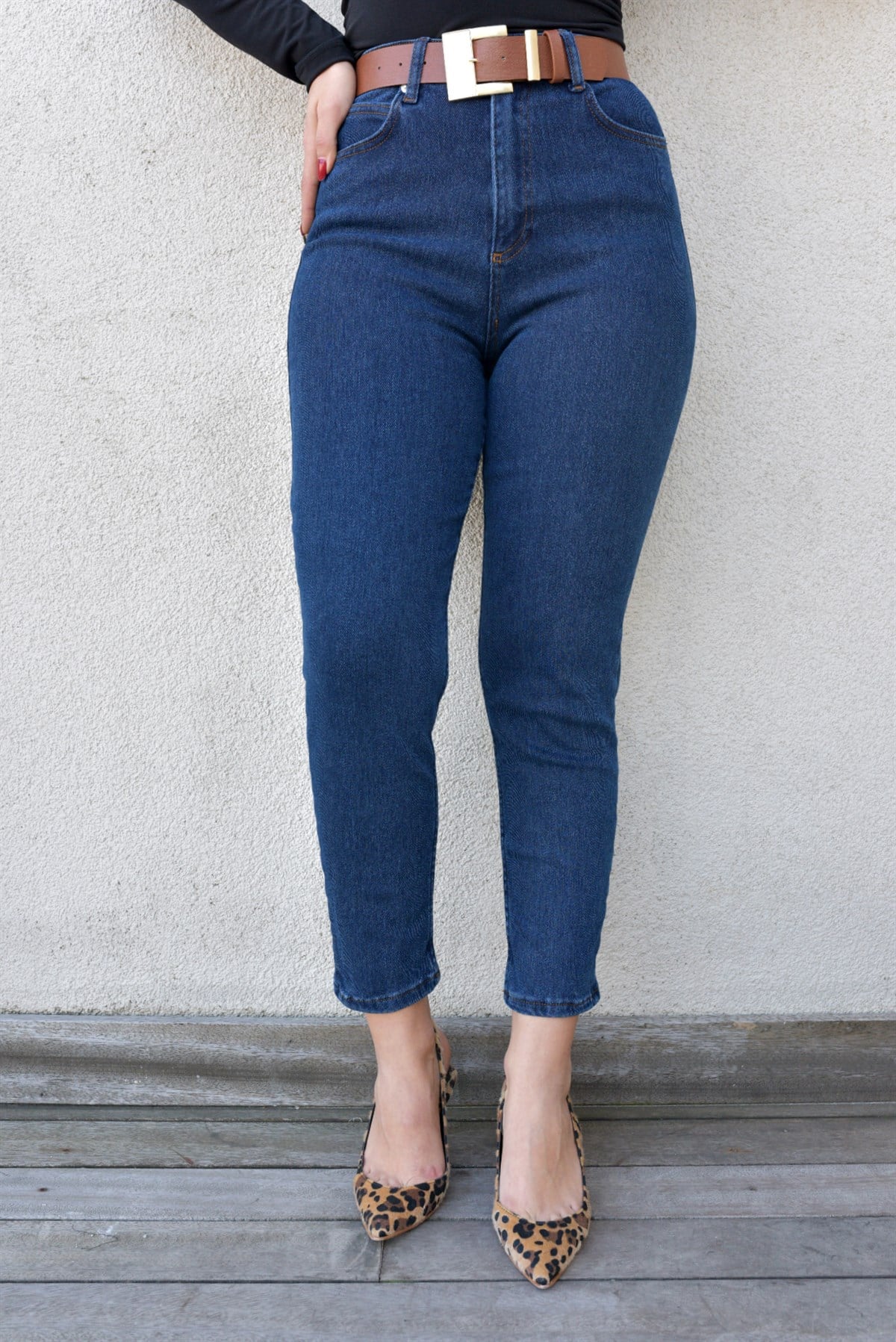 Lacivert Likralı Mom Jean