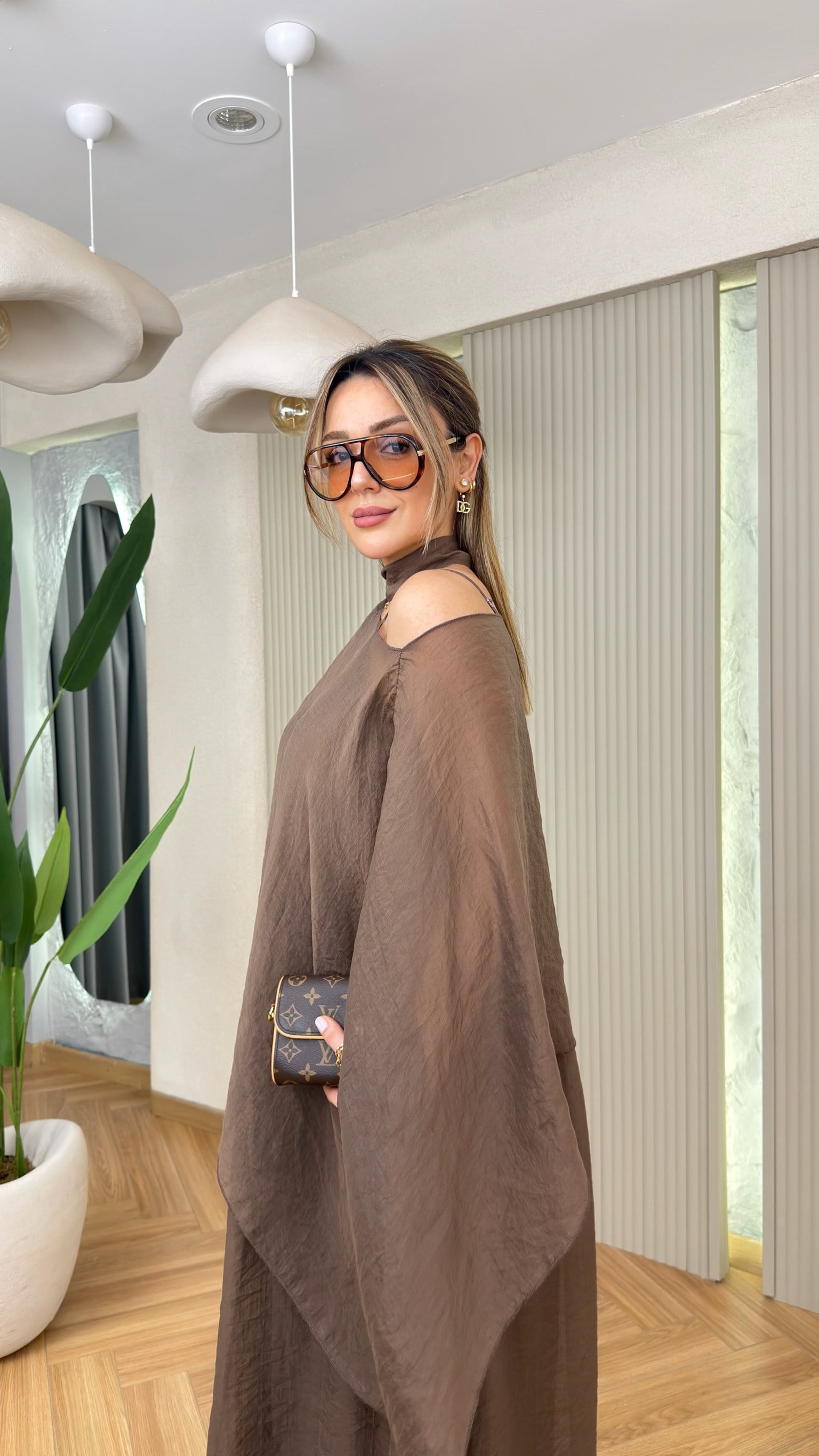 Kahve Linnes Bluz Detaylı Astarlı Elbise 