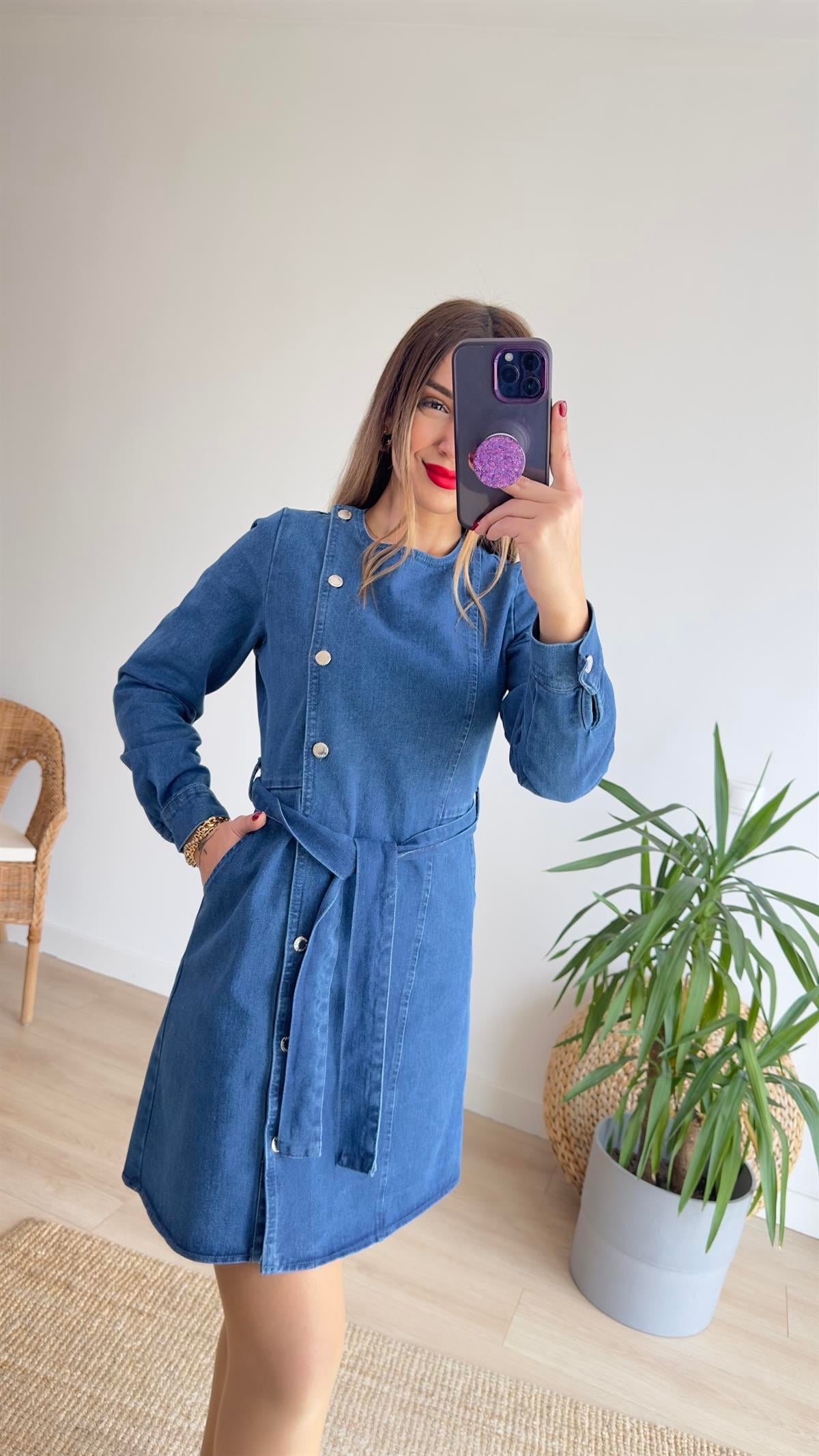 Düğmeli Mavi Denim Elbise
