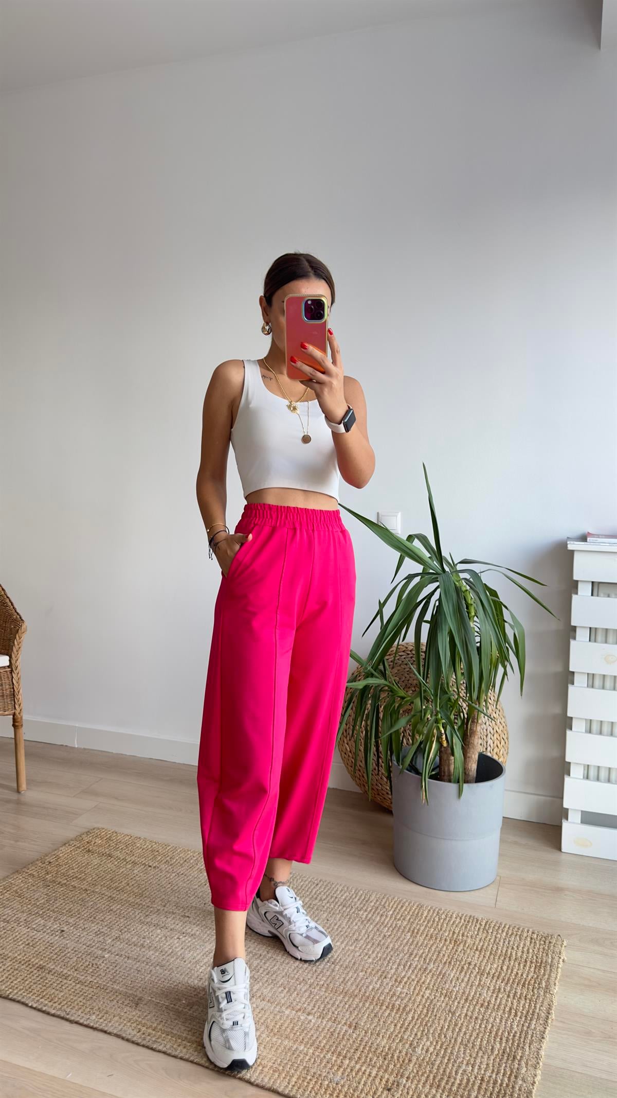 Şeritli Balon Model Pembe Eşofman Altı