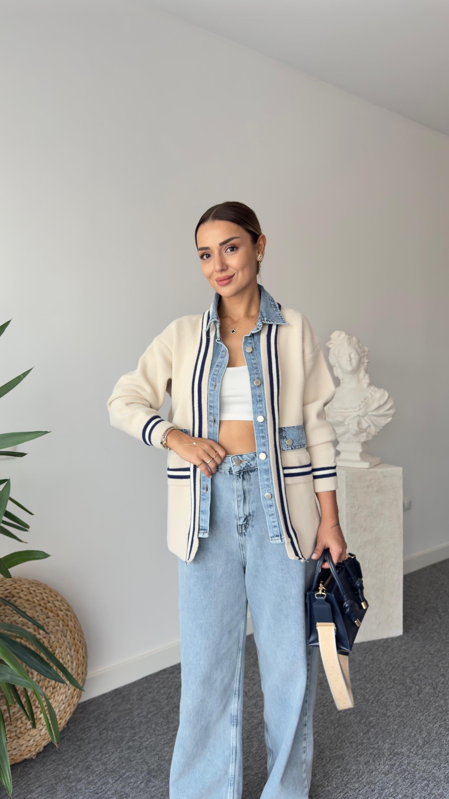 Mavi Şeritli Kot Detaylı Premıum Hırka