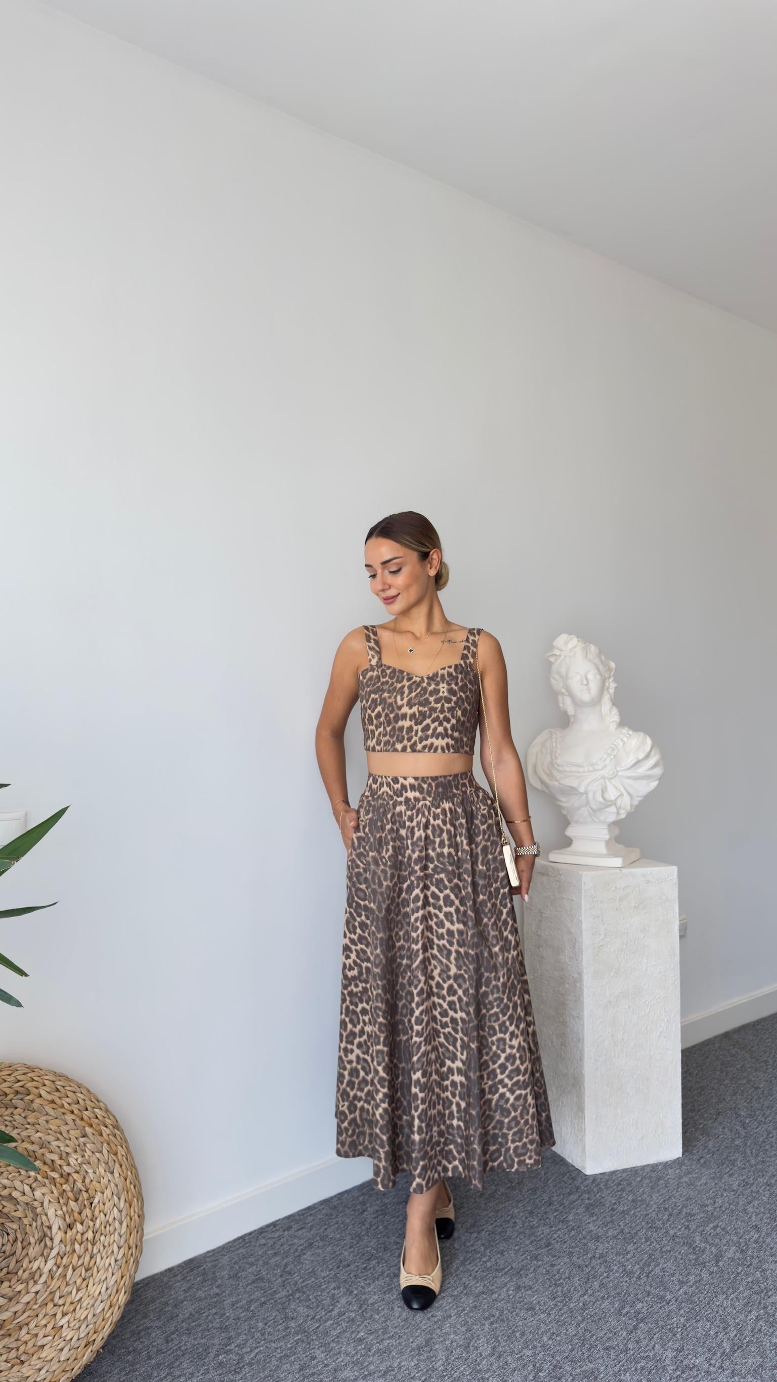 Leopar Desenli Etekli Crop Takım