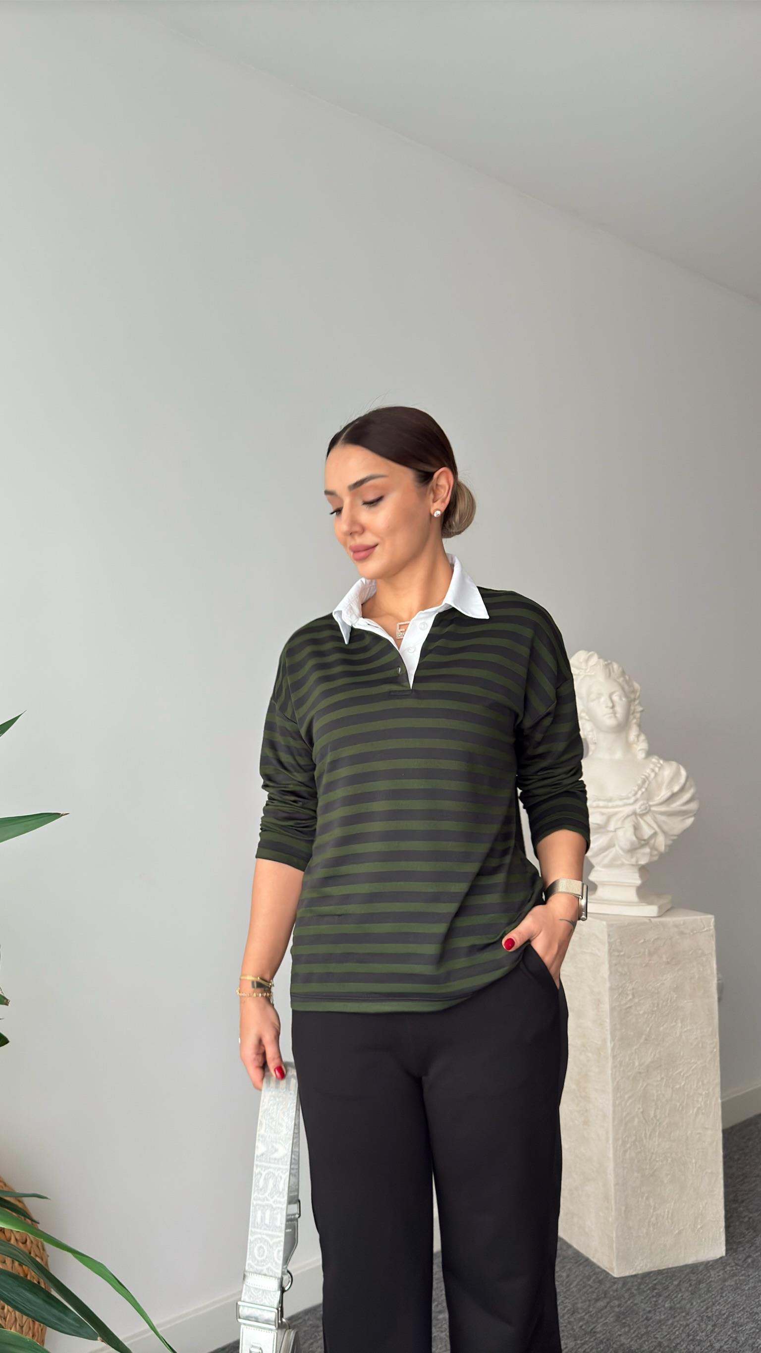 Yeşil Ricca Gömlek Yaka Çizgili Massi Sweat