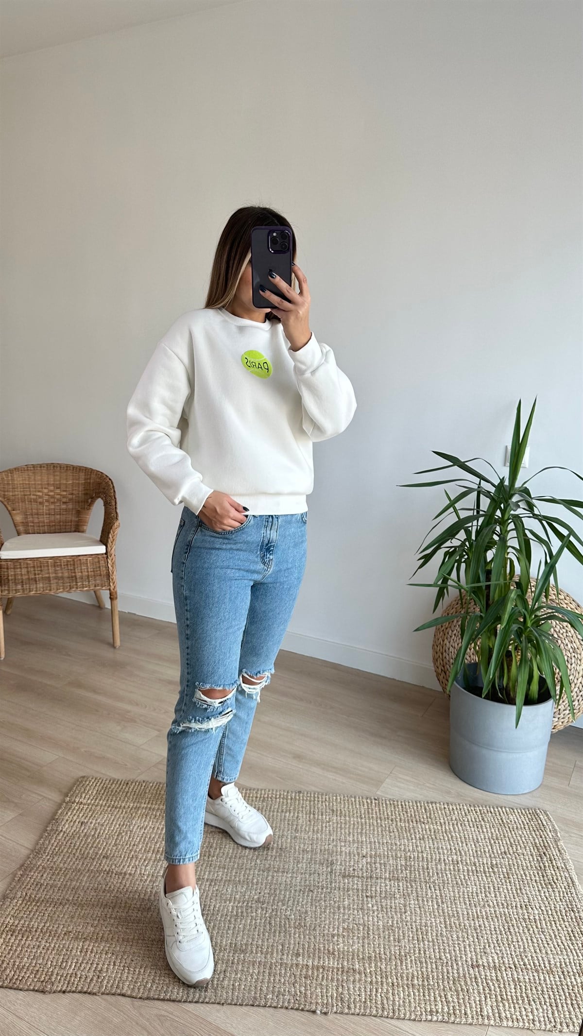 Paris Baskı Beyaz Sweatshirt