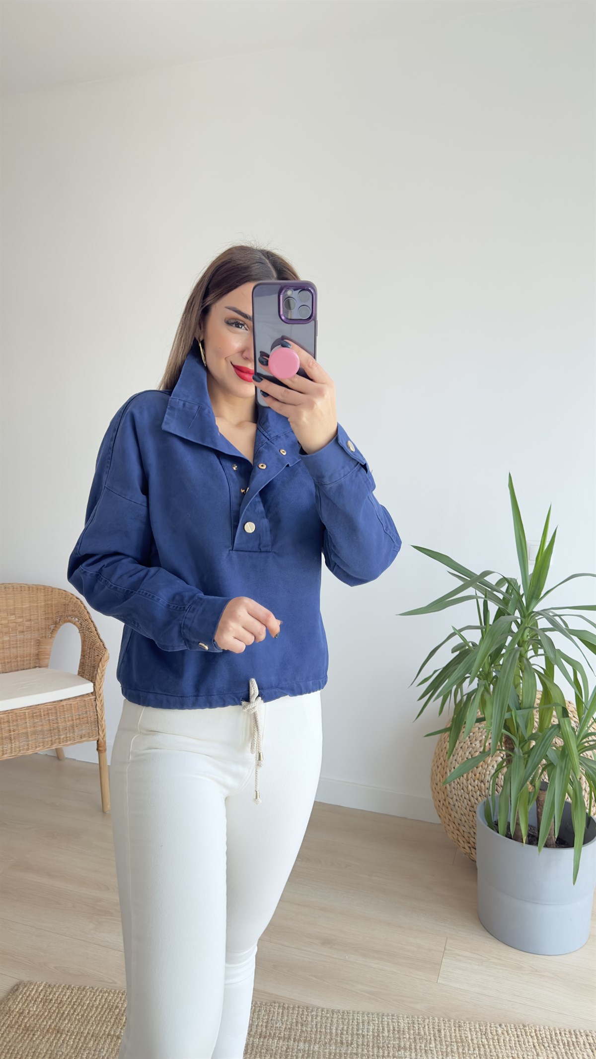Düğmeli Dik Yaka Kot Sweat
