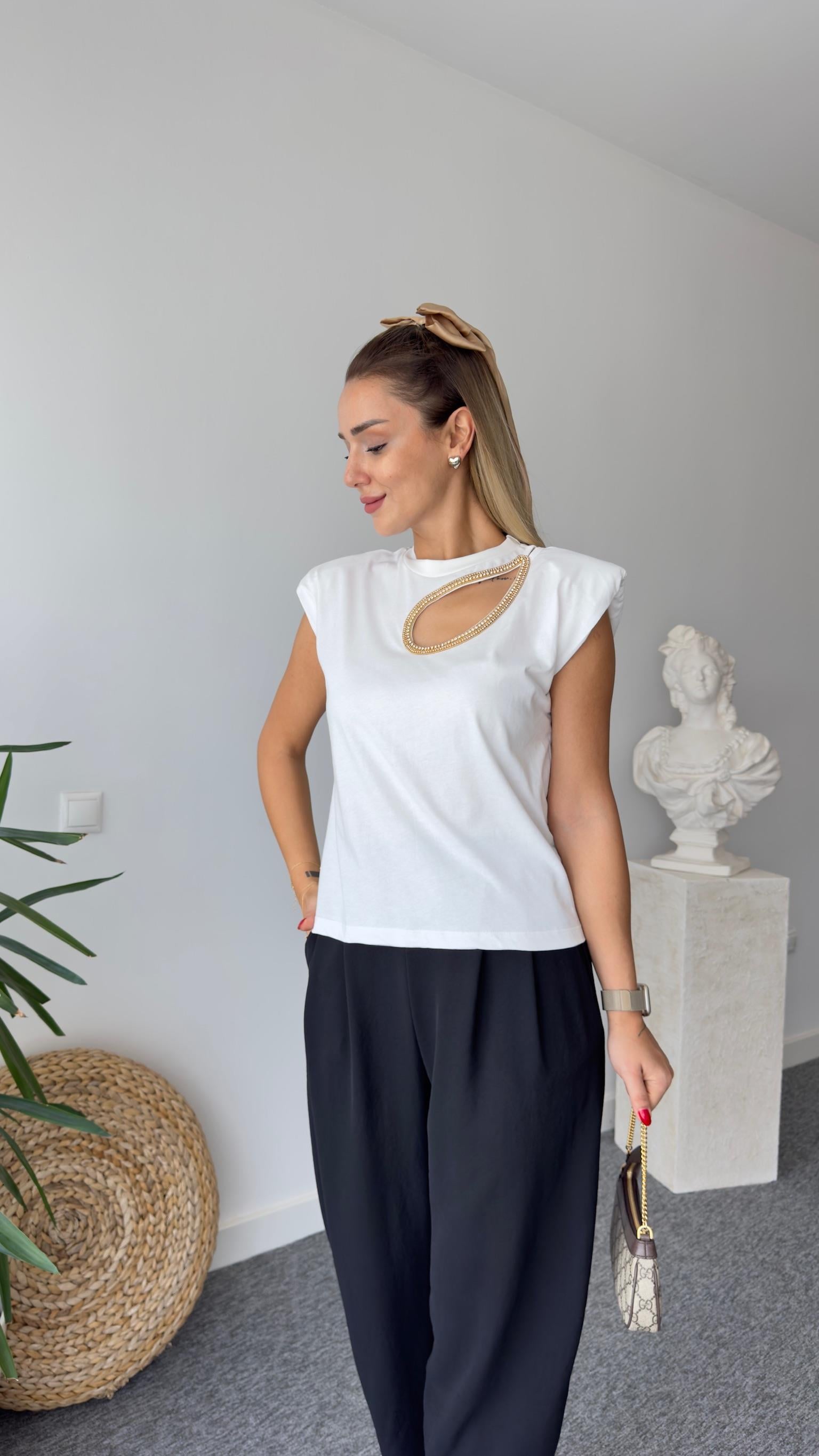 Gold Damla Taş İşlemeli Beyaz Tshirt