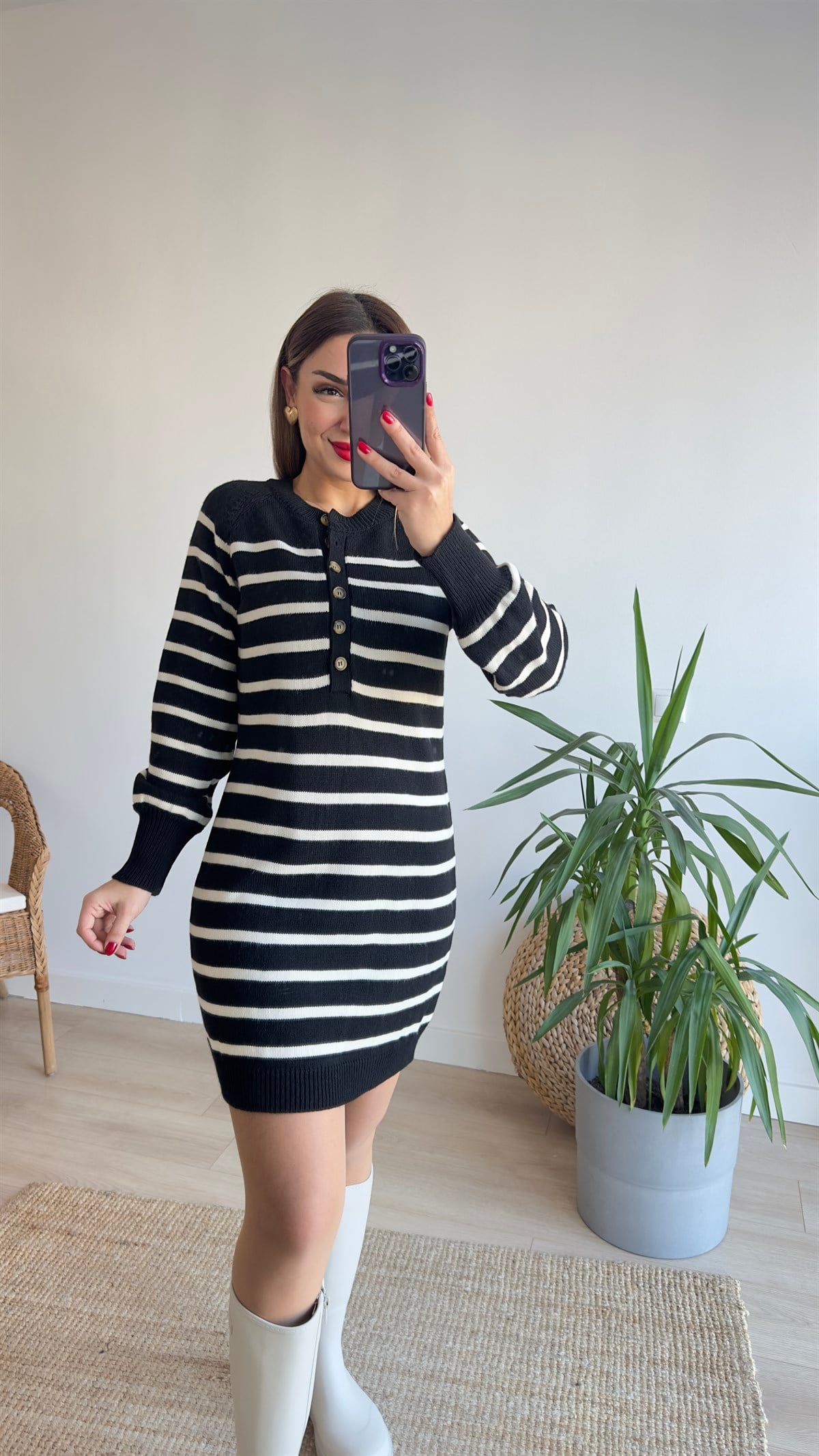 Düğme Detaylı Çizgili Tunik Elbise