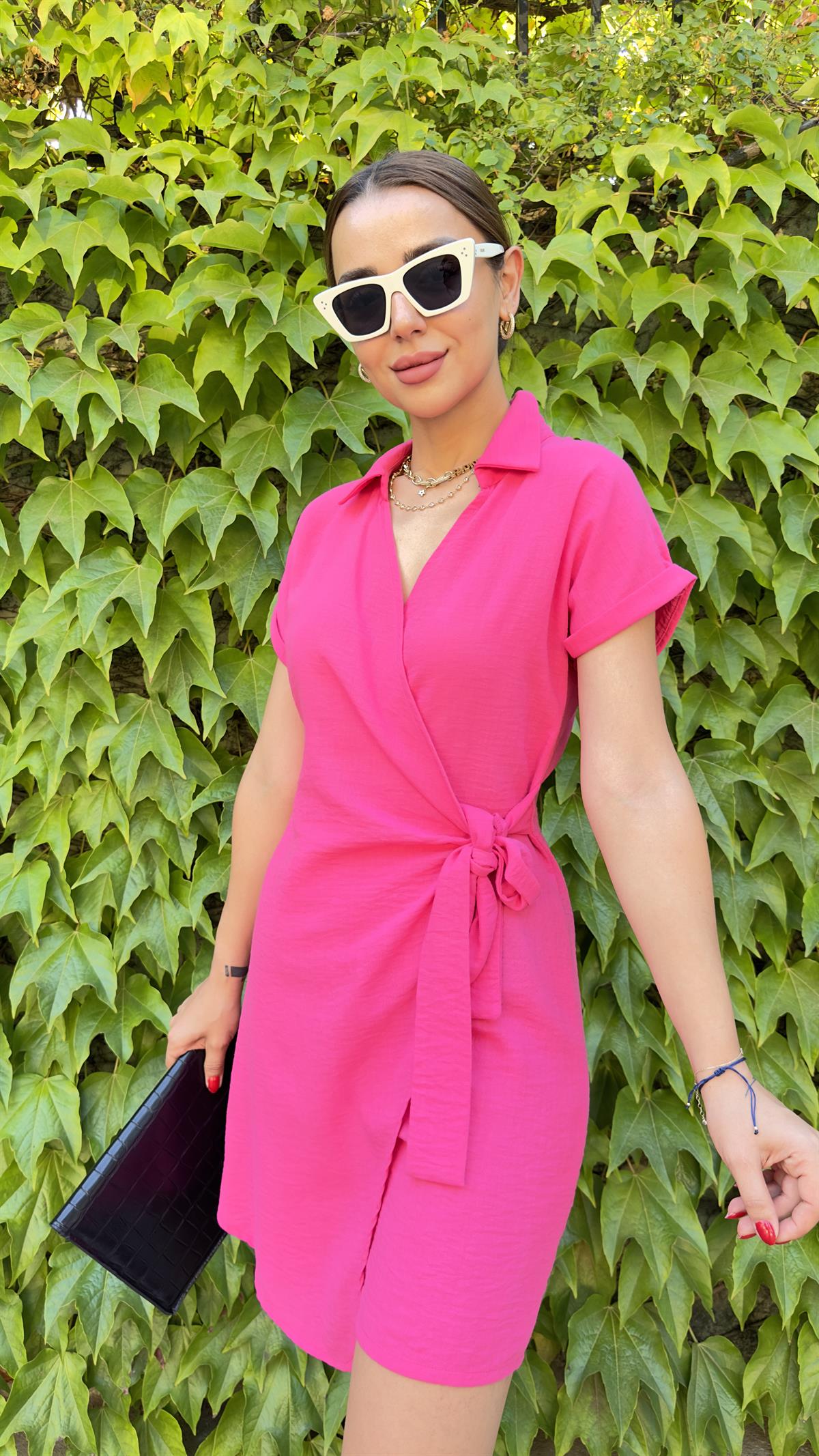 Bağlama Detay Kruvaze Pembe Şort Tulum