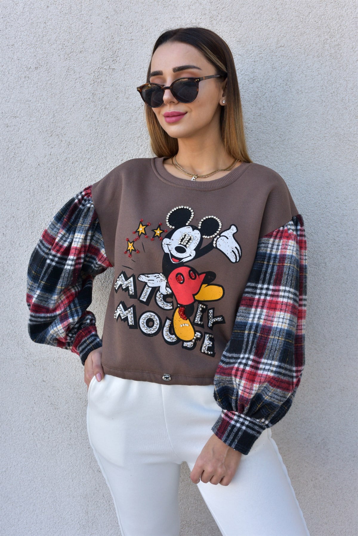 Kolları Ekose Detaylı Kahve Mickey Sweat