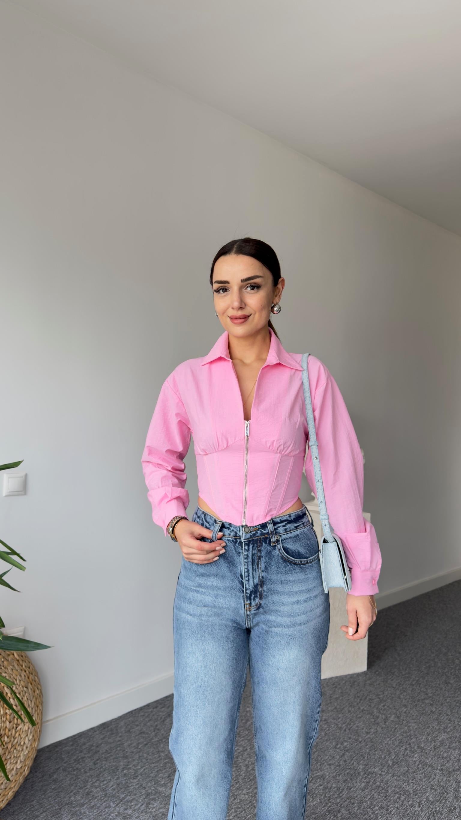 Korse Efektli Orj Model Pembe Gömlek