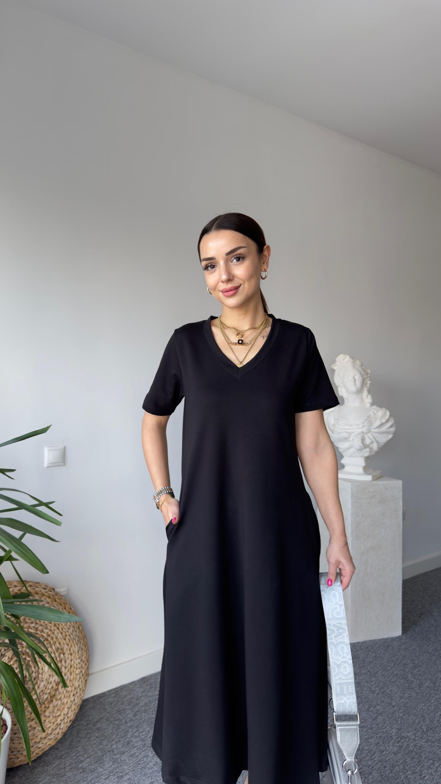 Siyah V Yaka Cepli Basic Elbise 