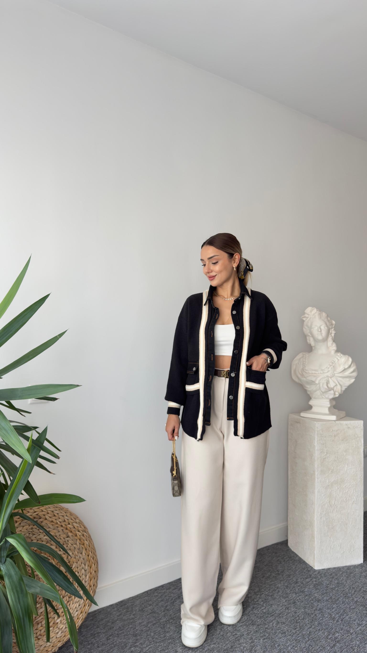 Bej Şeritli Kot Detaylı Premıum Hırka