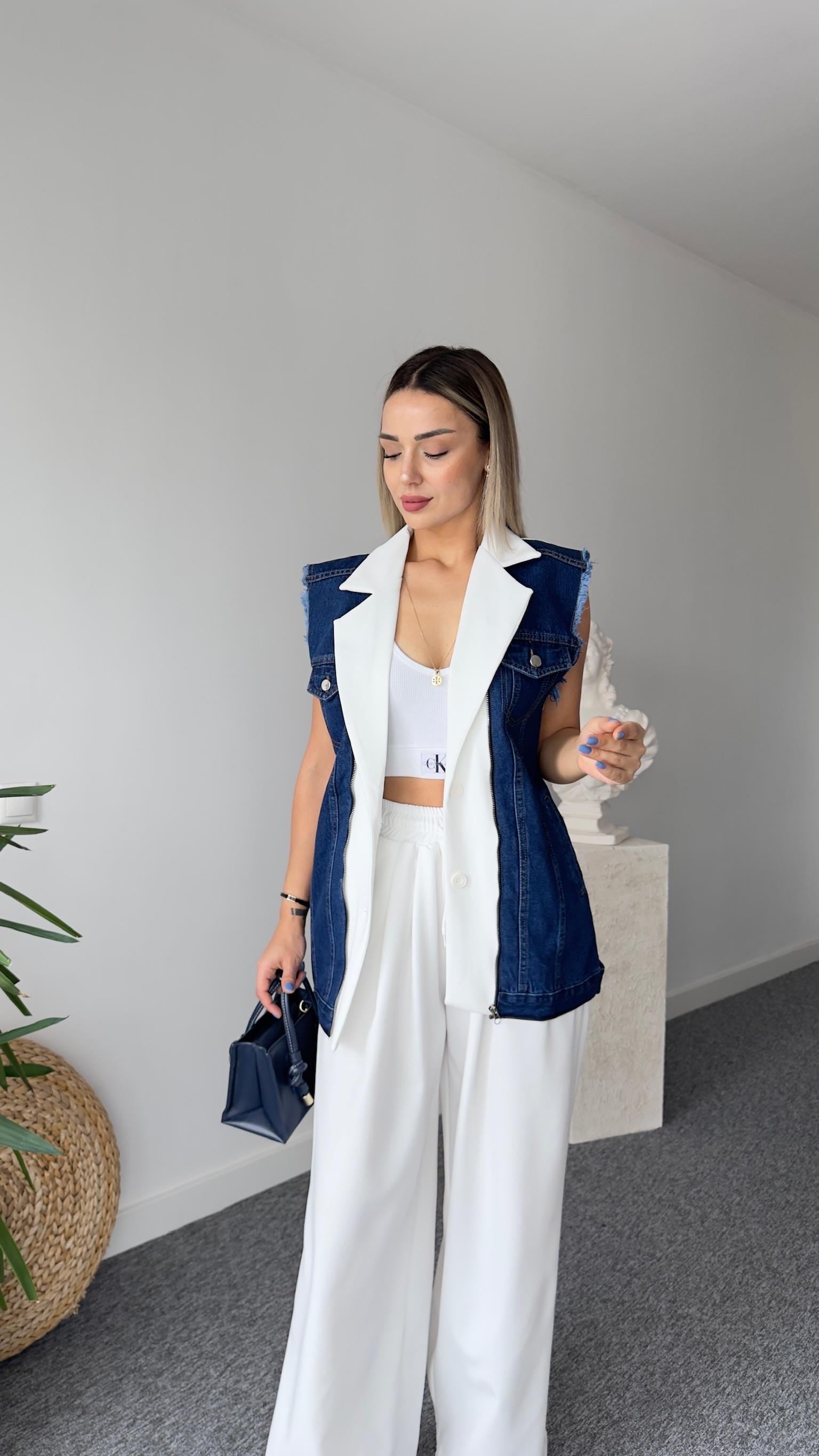 Beyaz Noctur Tasarım Jean Yelekli Takım