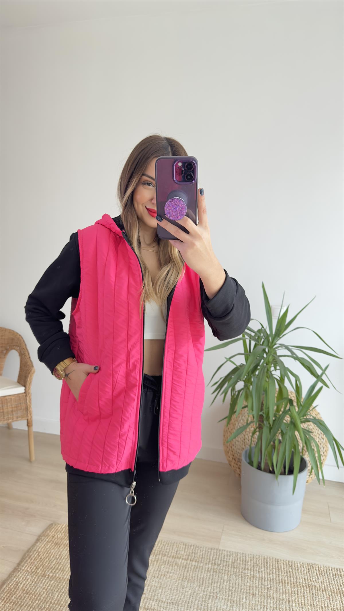 Penye Detaylı Pembe Kapitone Ceket