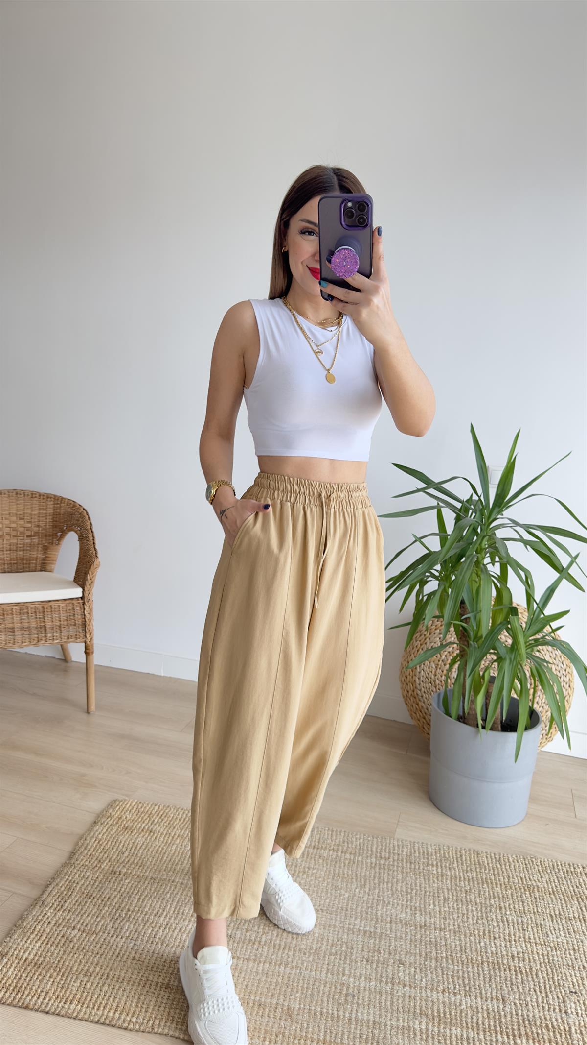 Beli Lastikli Camel Şalvar Pantolon