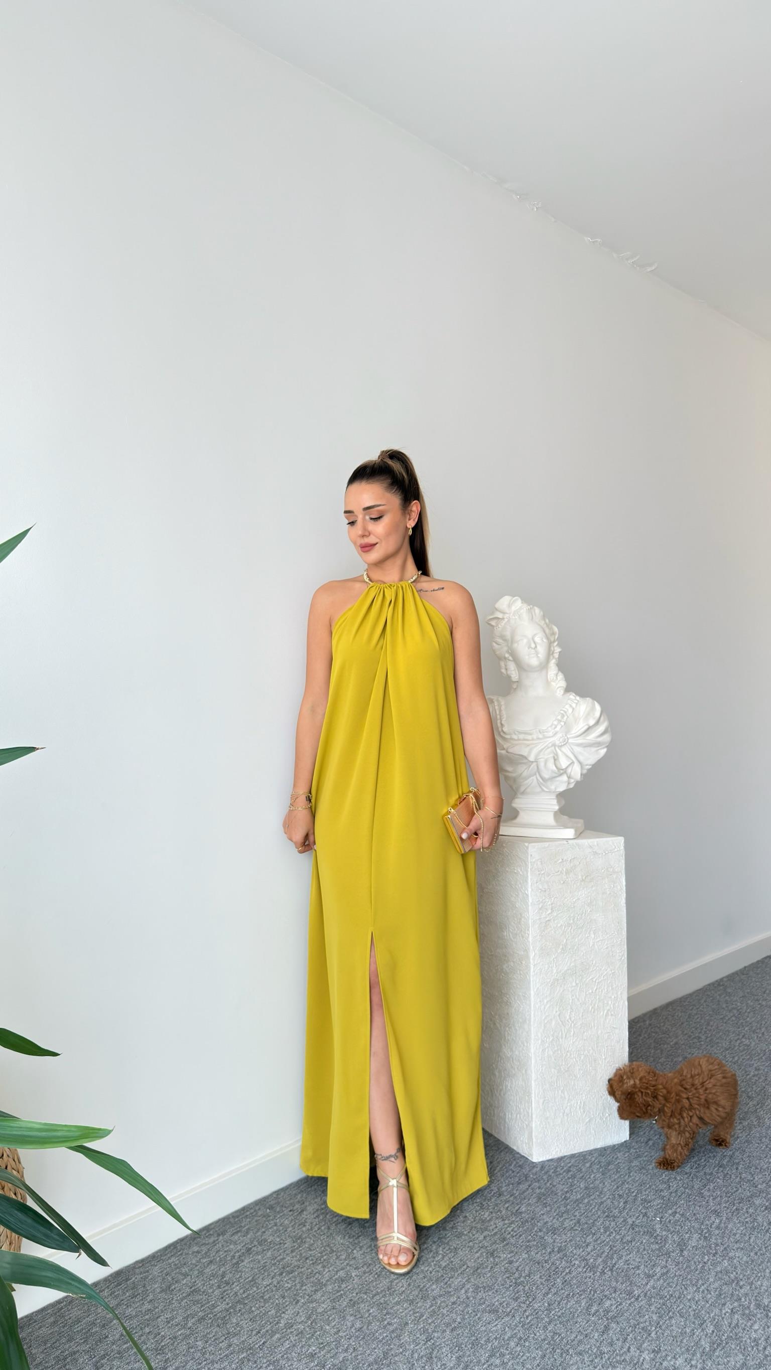 Kolyeli Orj Model Yeşil Elbise 