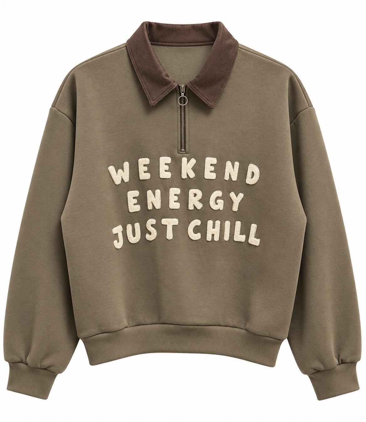 Kabartma Yazılı Kadife Yaka Sweatshirt