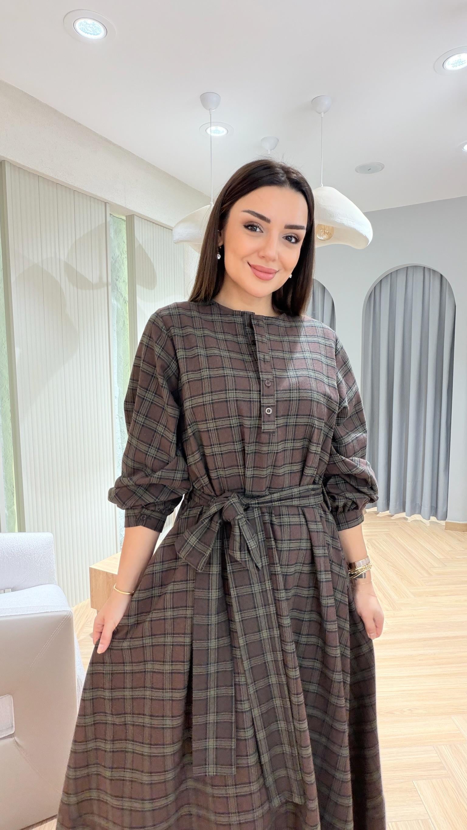 Acı Kahve Zebal Ekose Desenli Elbise 