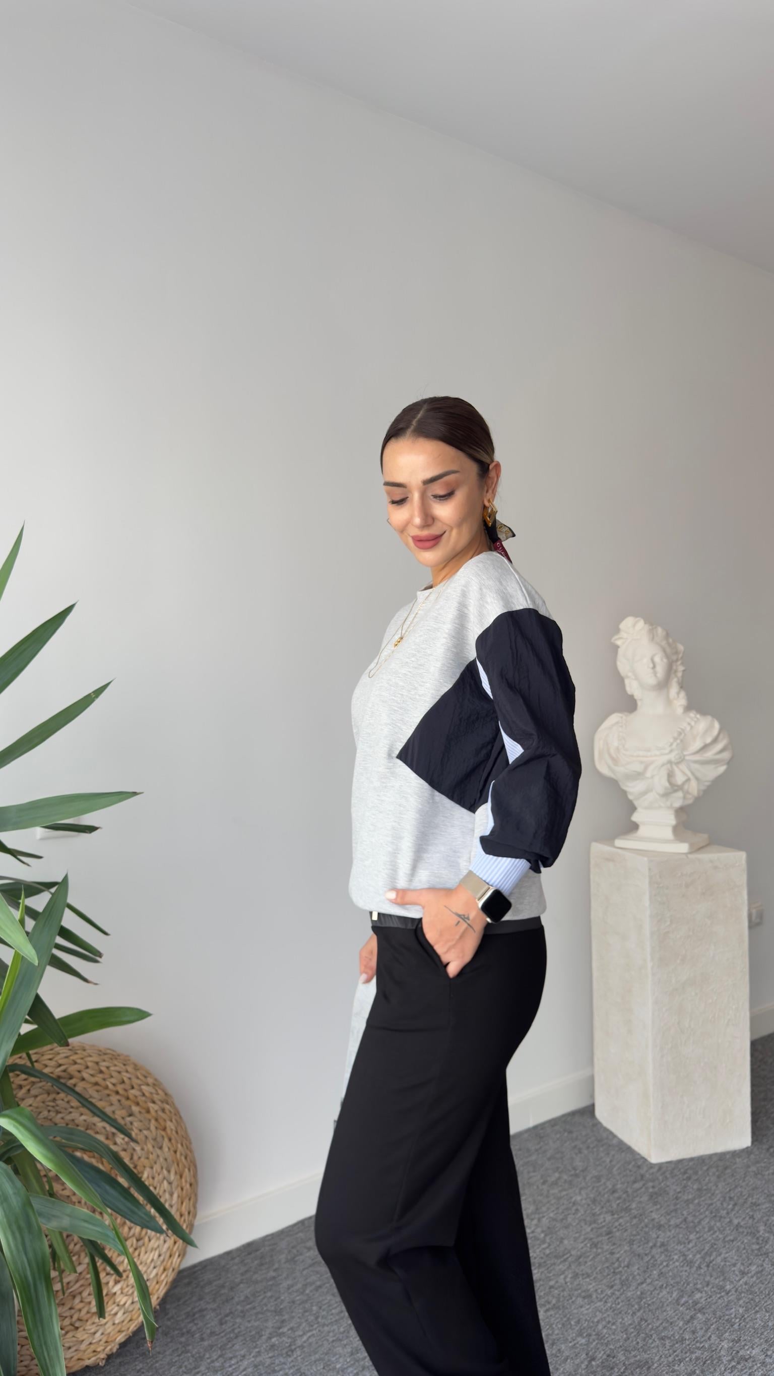Gri Edwin Kolları Paraşüt Detaylı Modal Sweat