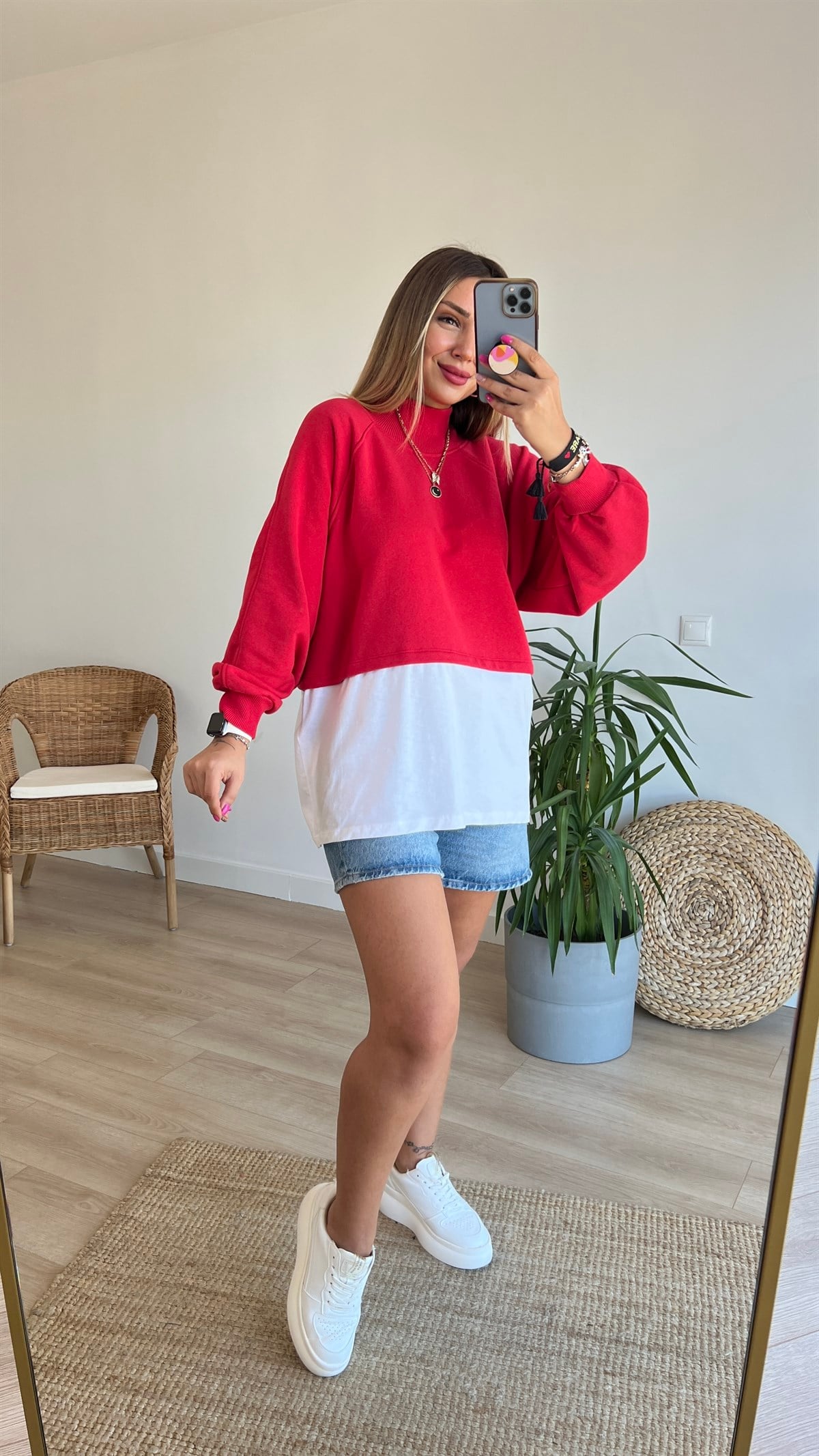 Balıkçı Yaka Tshirt Detaylı Kırmızı Sweat