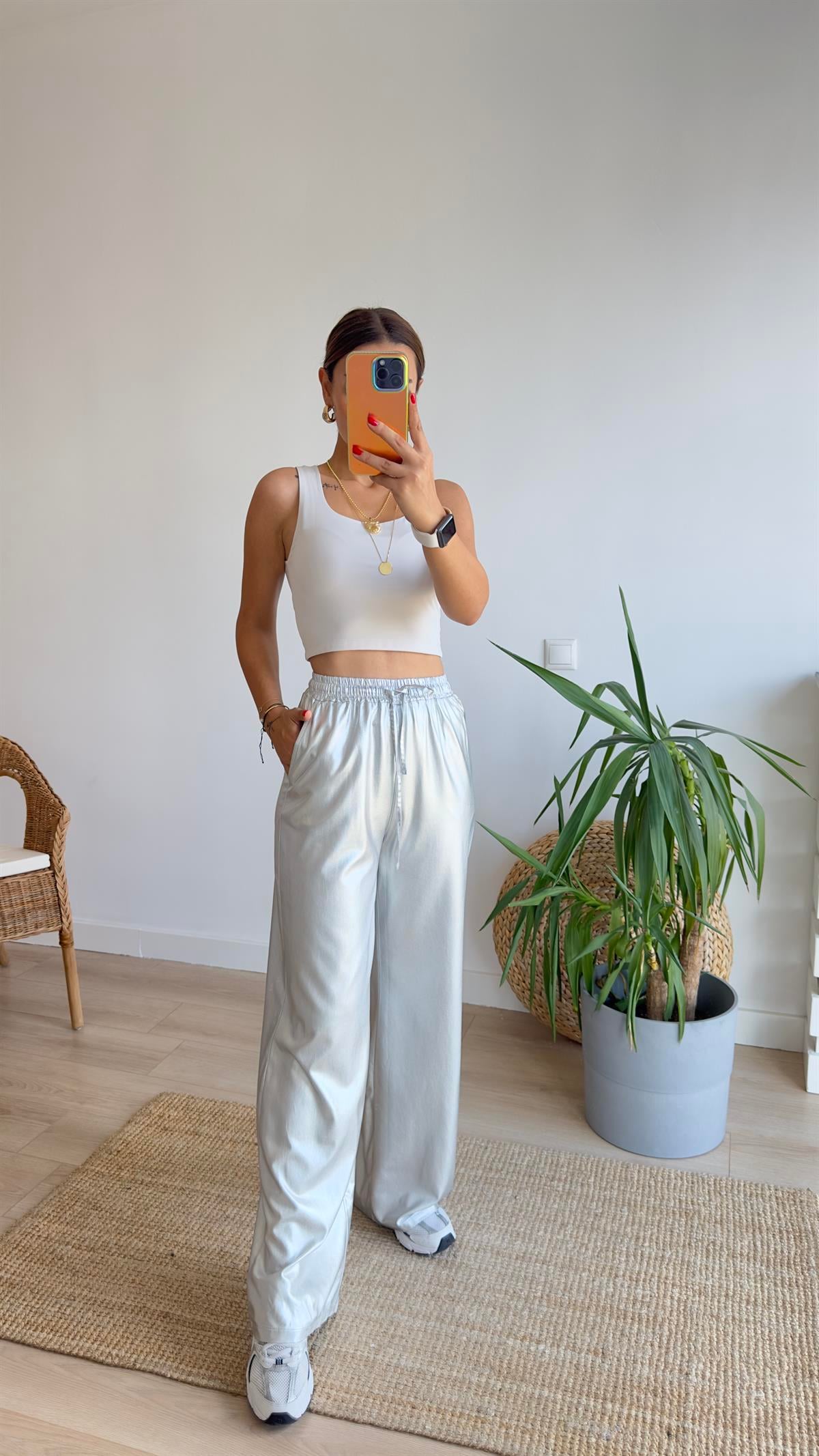 Gümüş Beli Lastikli Parlak Pantolon