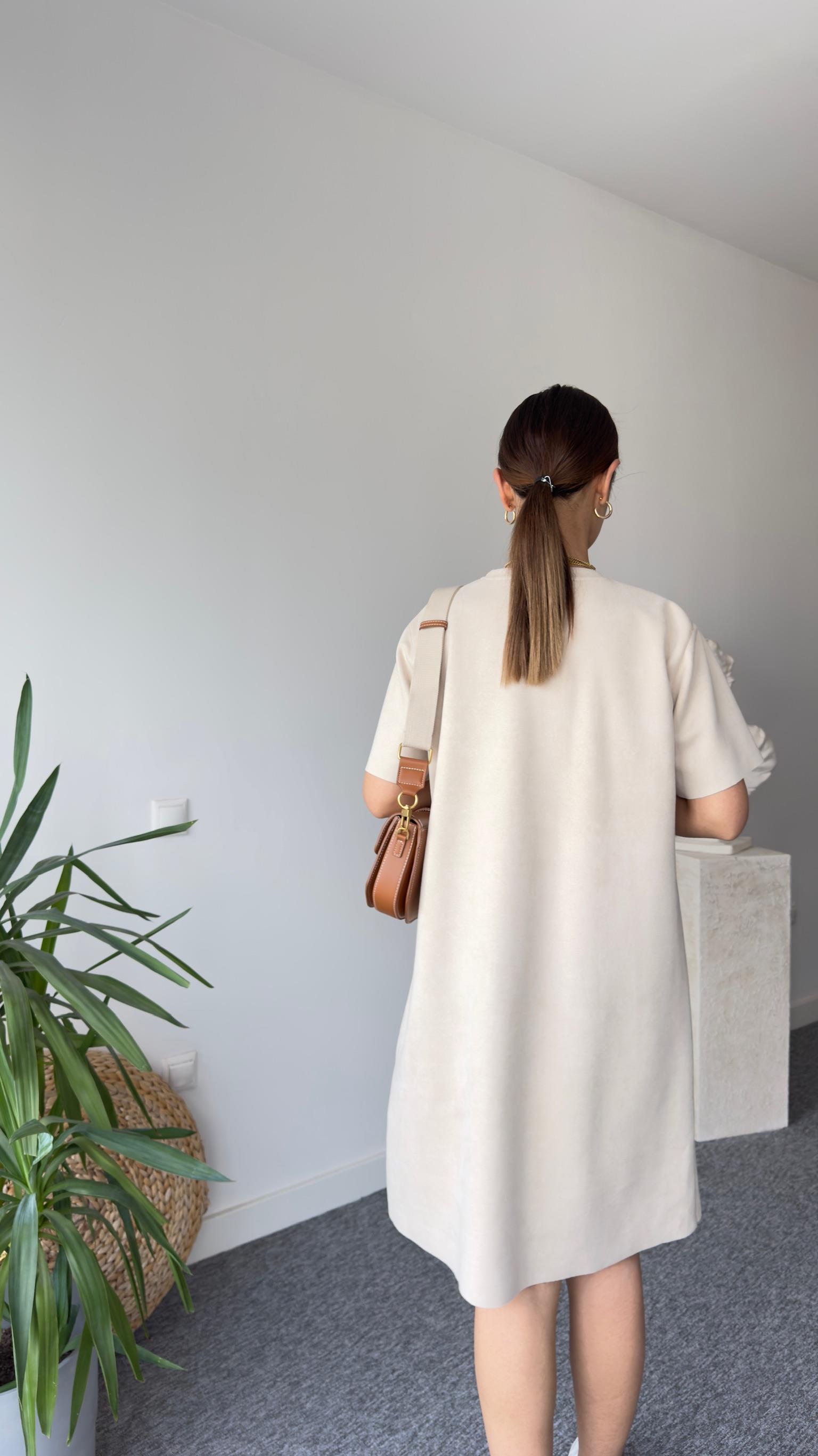Krem Süet Basic Elbise