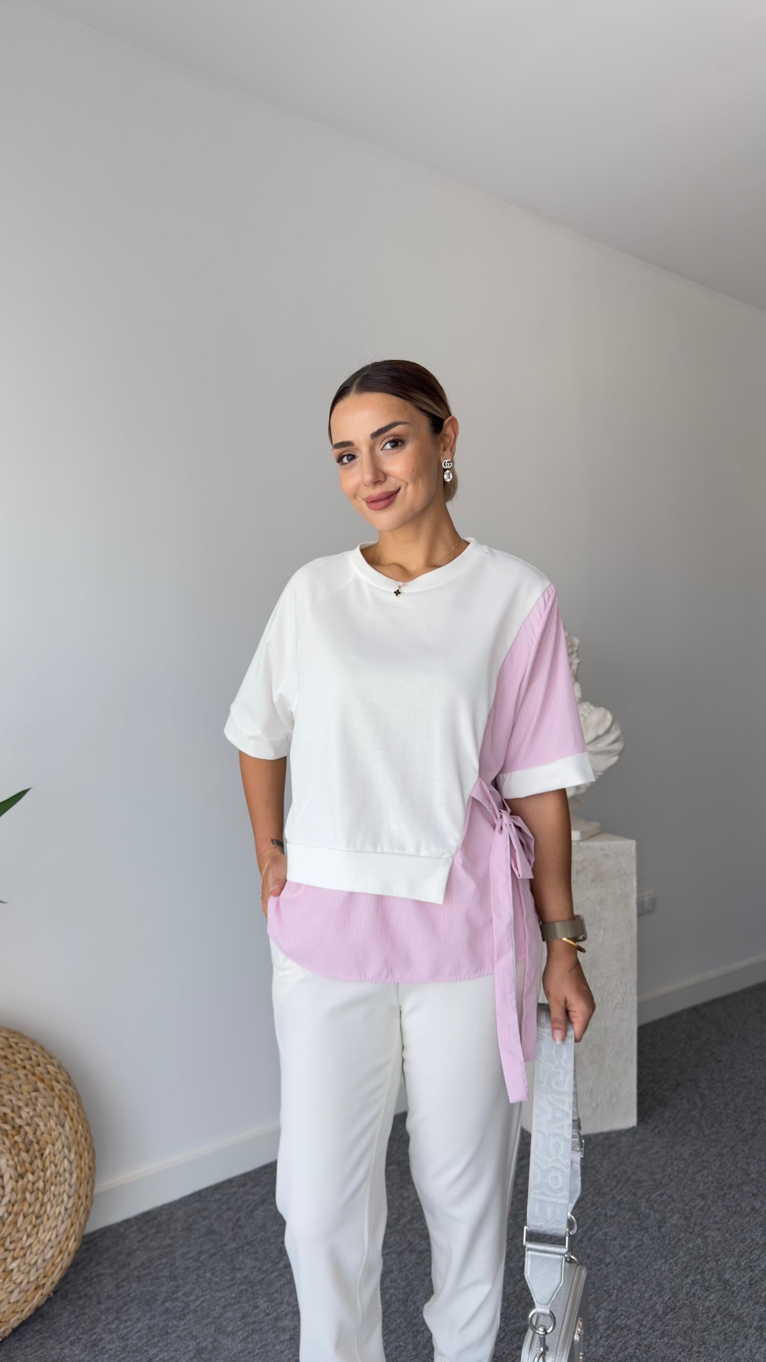 Sei Pembe Yan Bağlamalı Tshirt