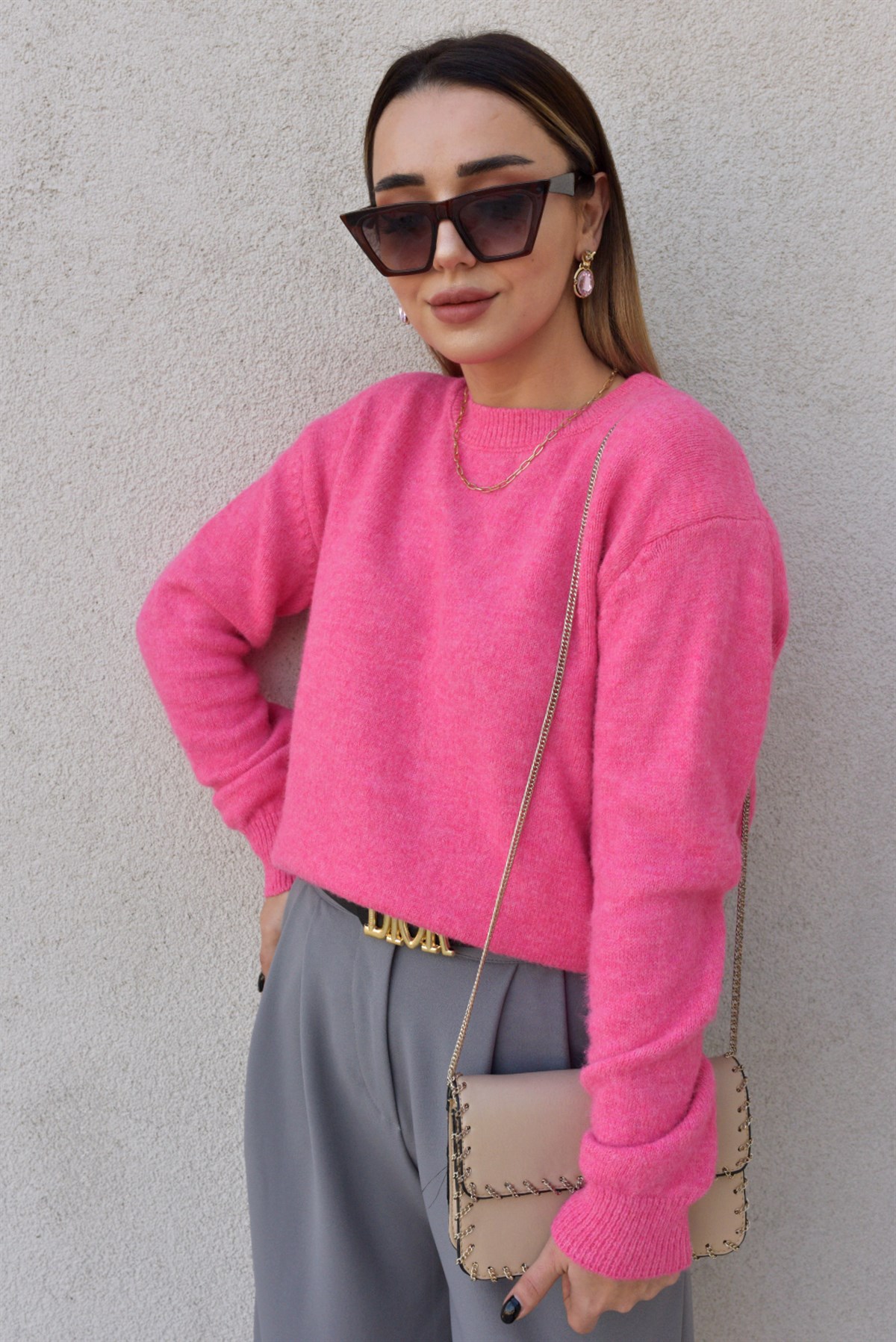 Pembe Bisiklet Yaka Basic Kazak