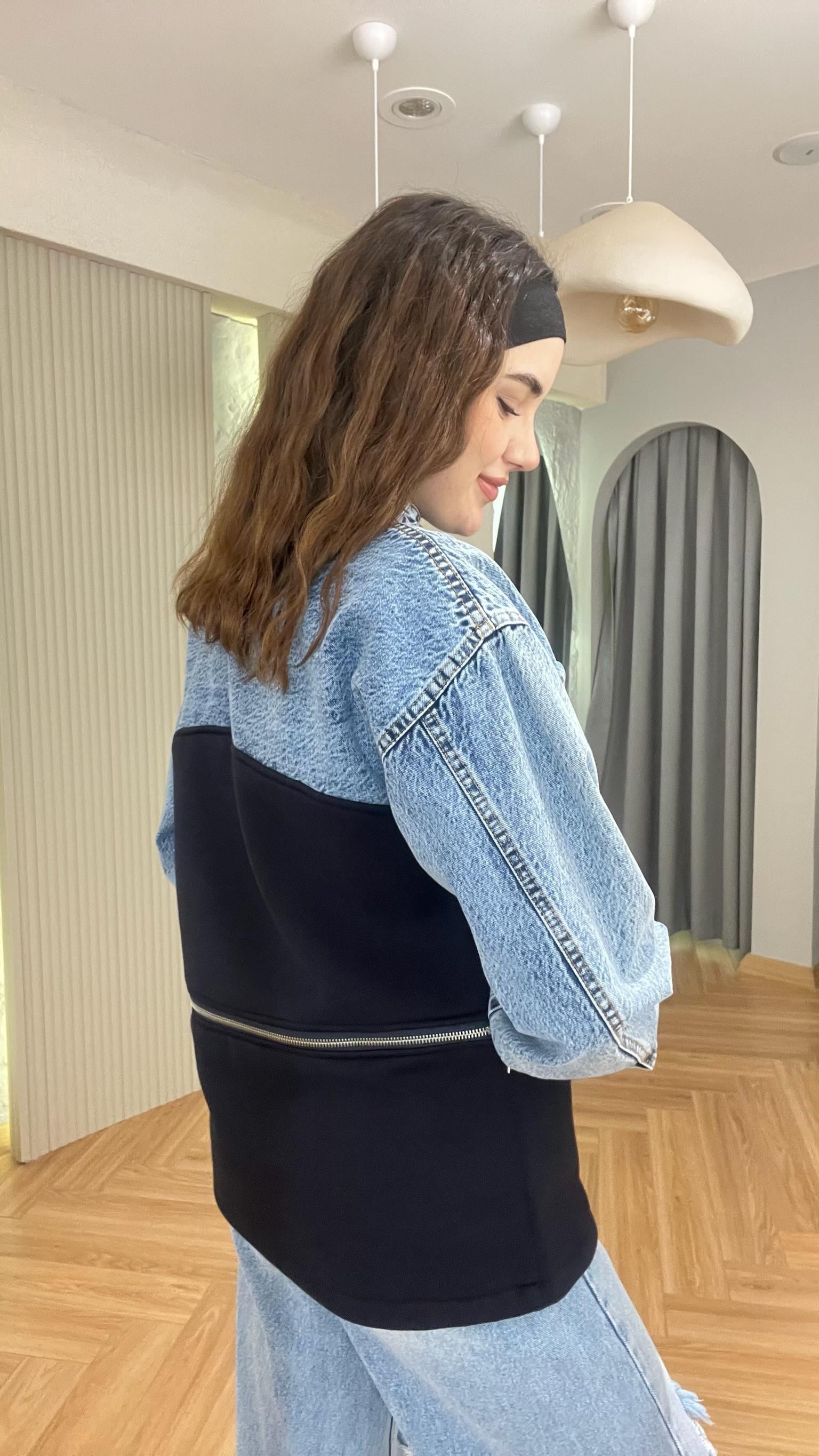 Mavi Kot Garnili Fermuarlı Sweat