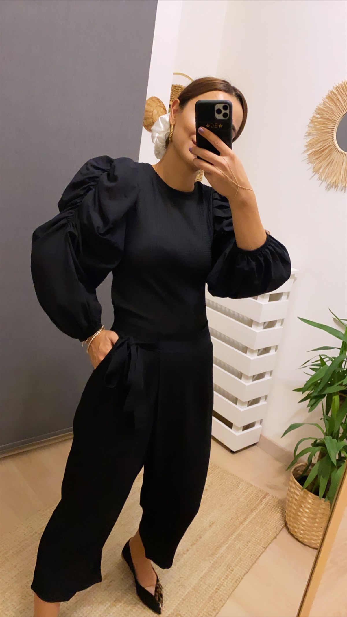 Büzgülü Balon Kol Siyah Bluz