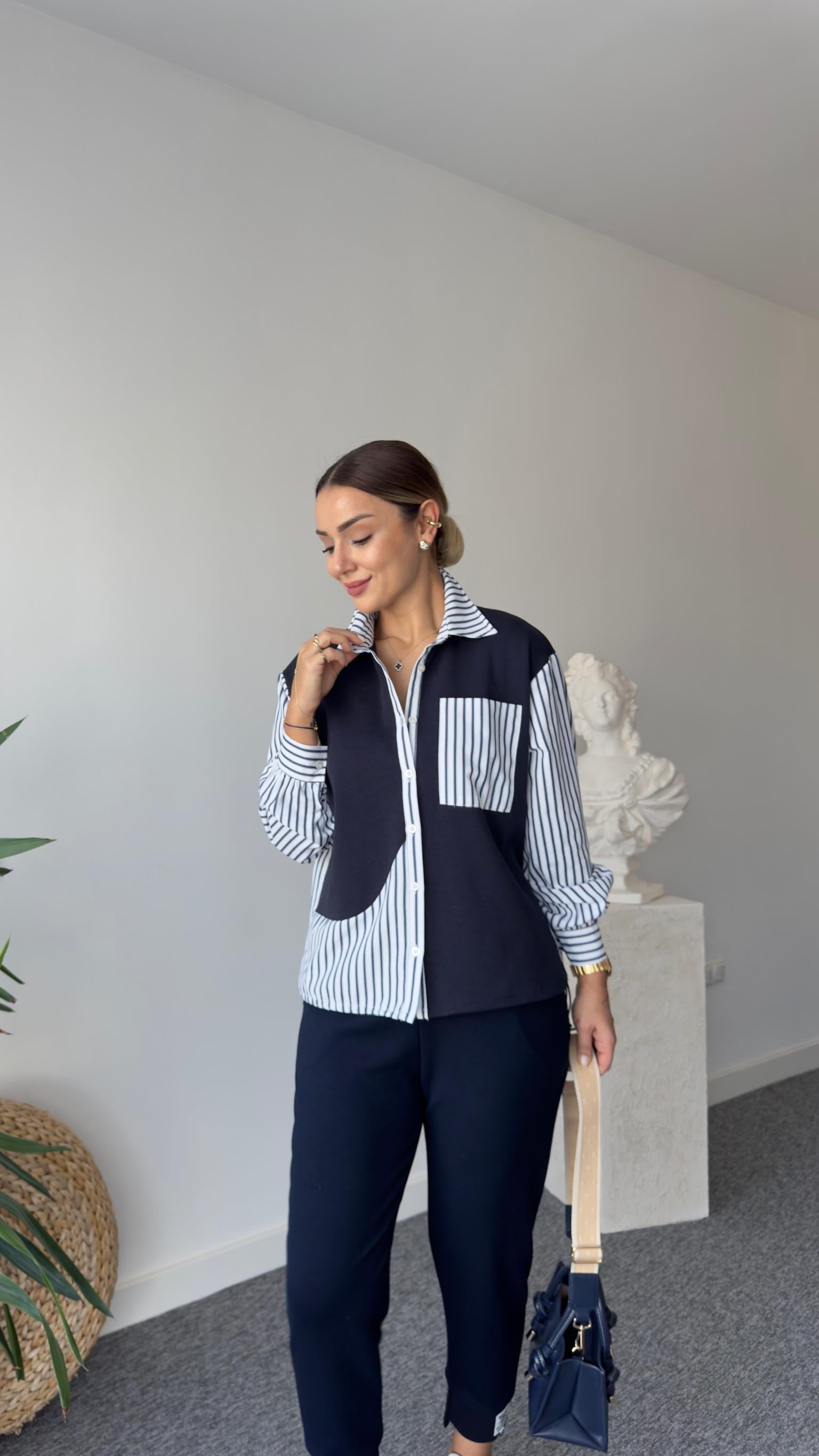 Ezela Çizgili Poplin Garnili Sweatshirt