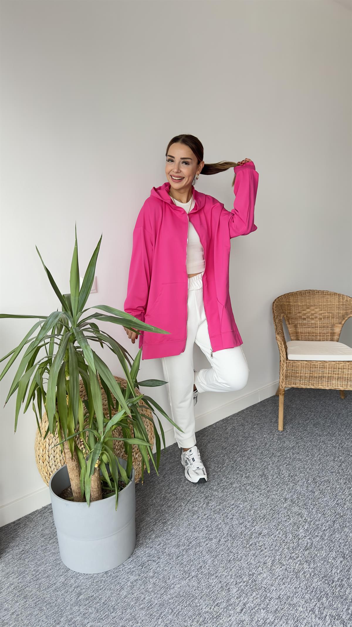 İki İplik Yanları Yırtmaçlı Fuşya Sweat