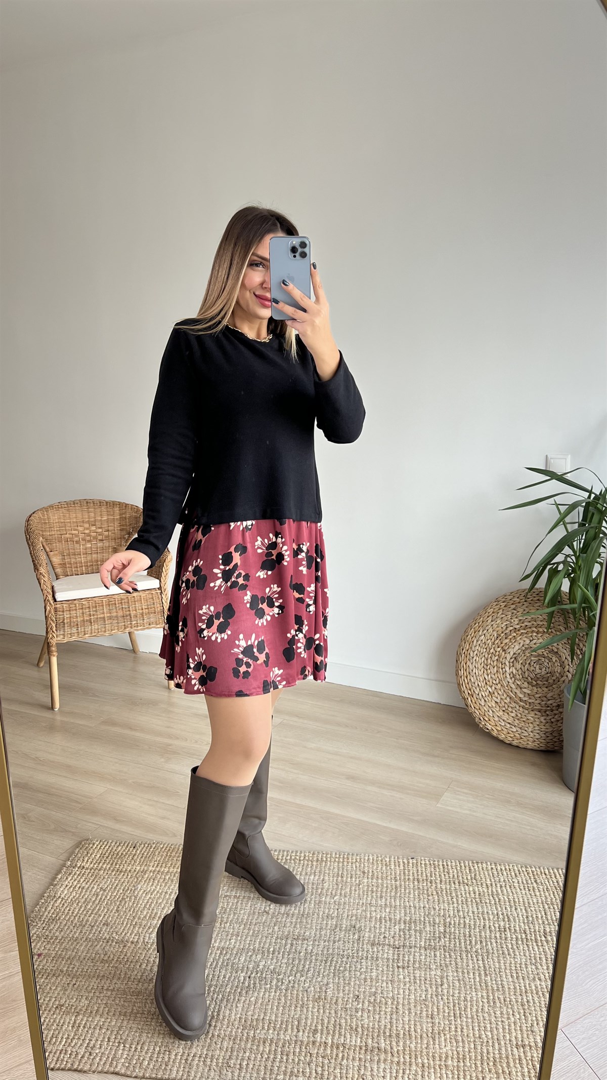 Bordo Saten Detaylı Triko Elbise 