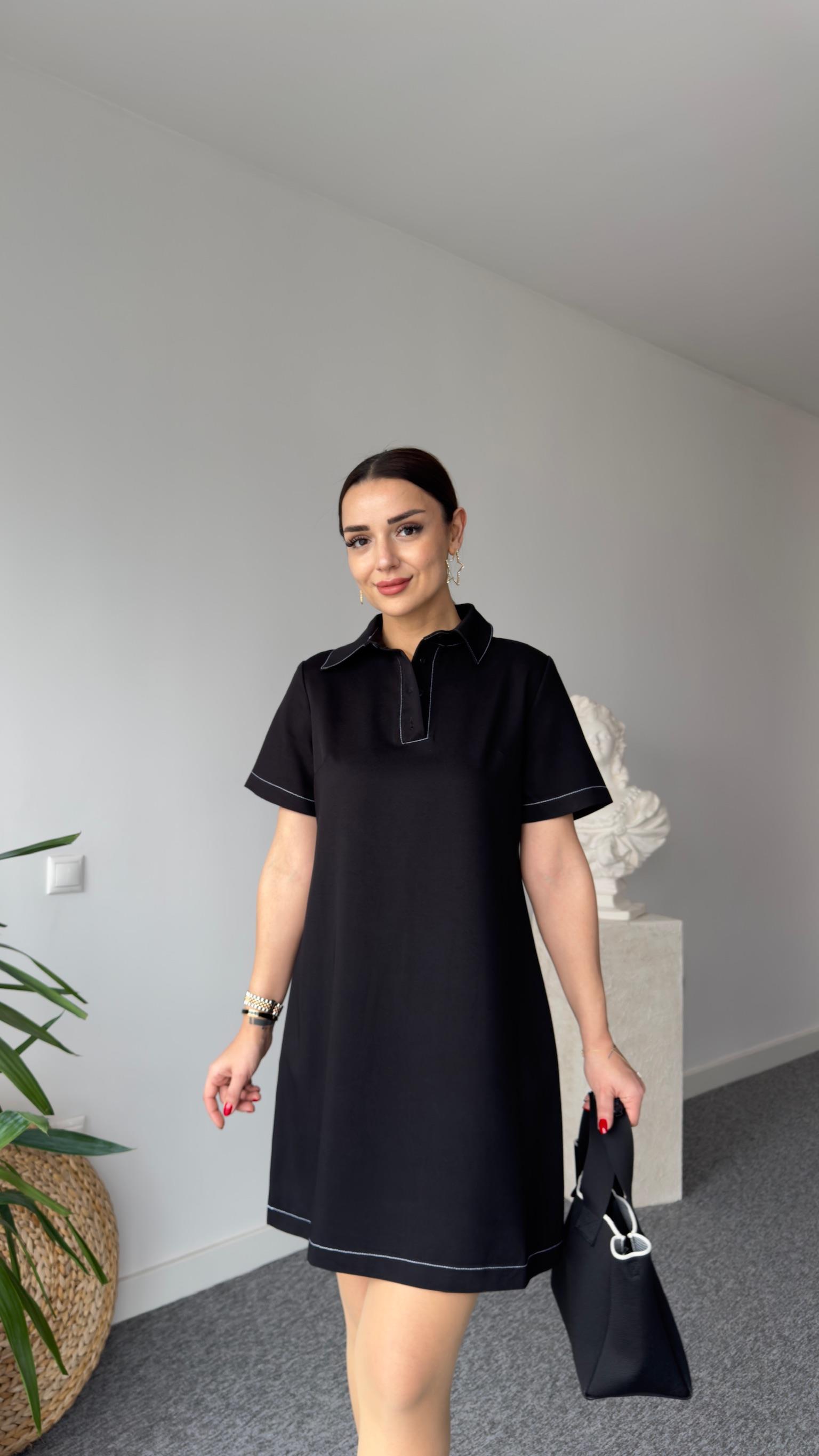 Dikiş Detaylı Polo Yaka Siyah Basic Elbise 